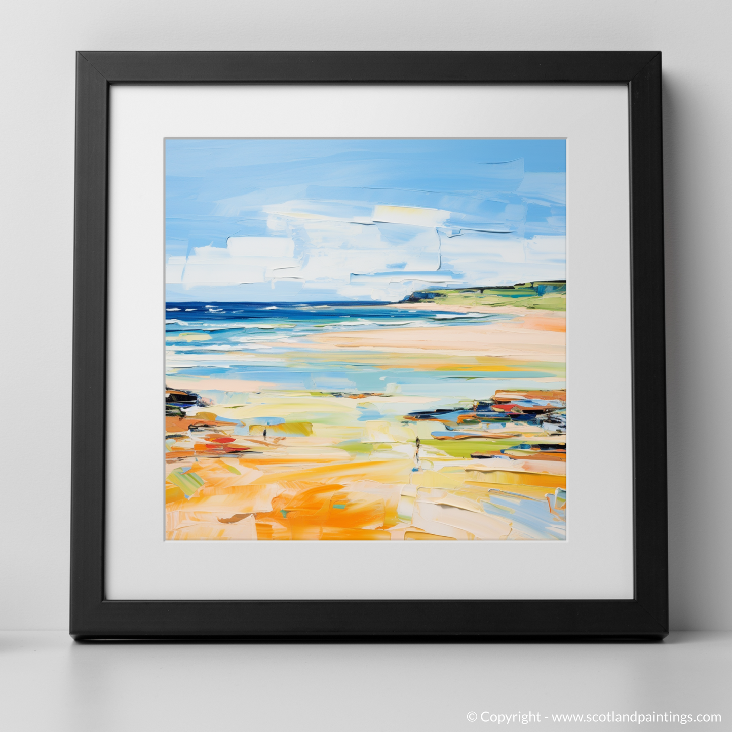 Art Print of St Cyrus Beach, Aberdeenshire in summer with a black frame