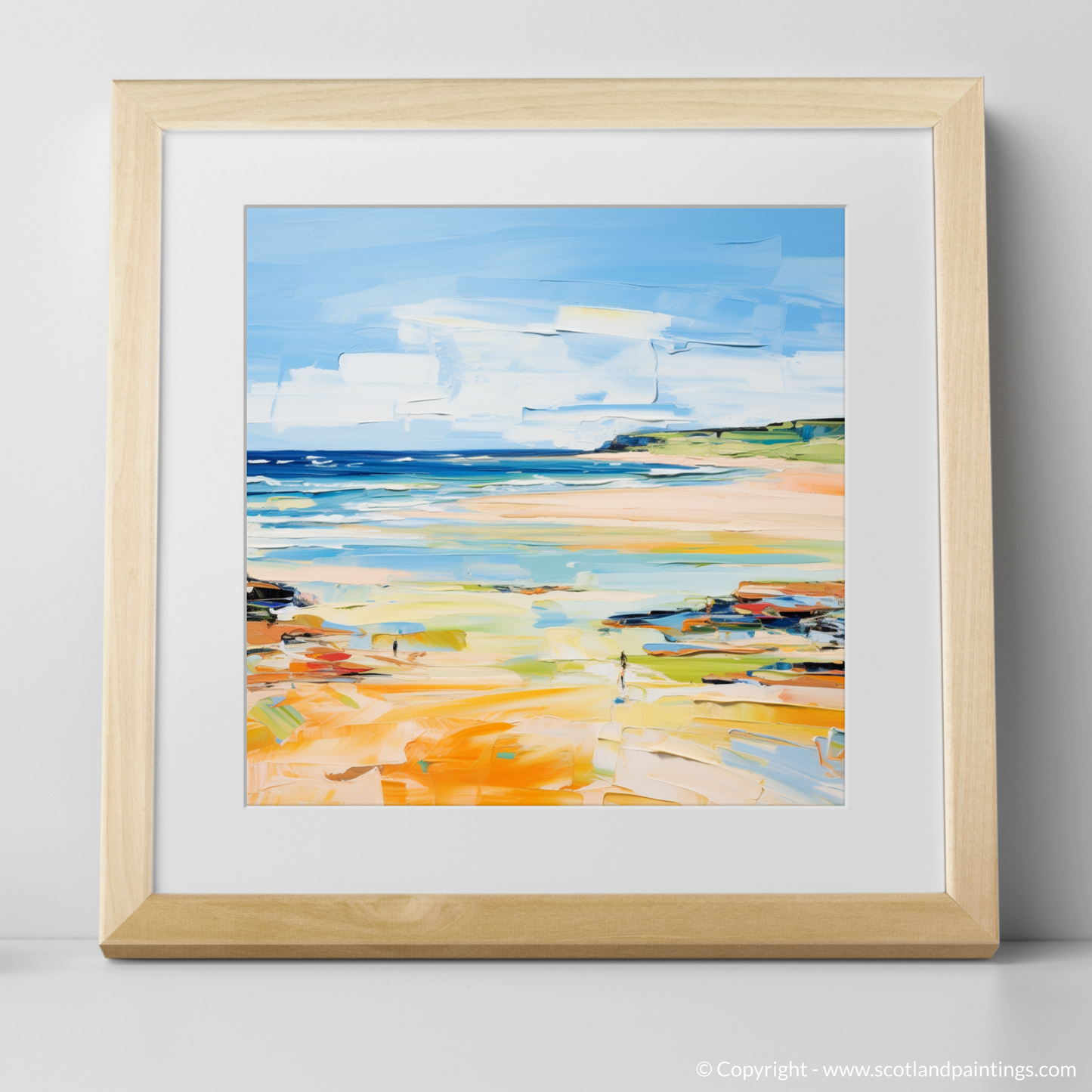 Art Print of St Cyrus Beach, Aberdeenshire in summer with a natural frame