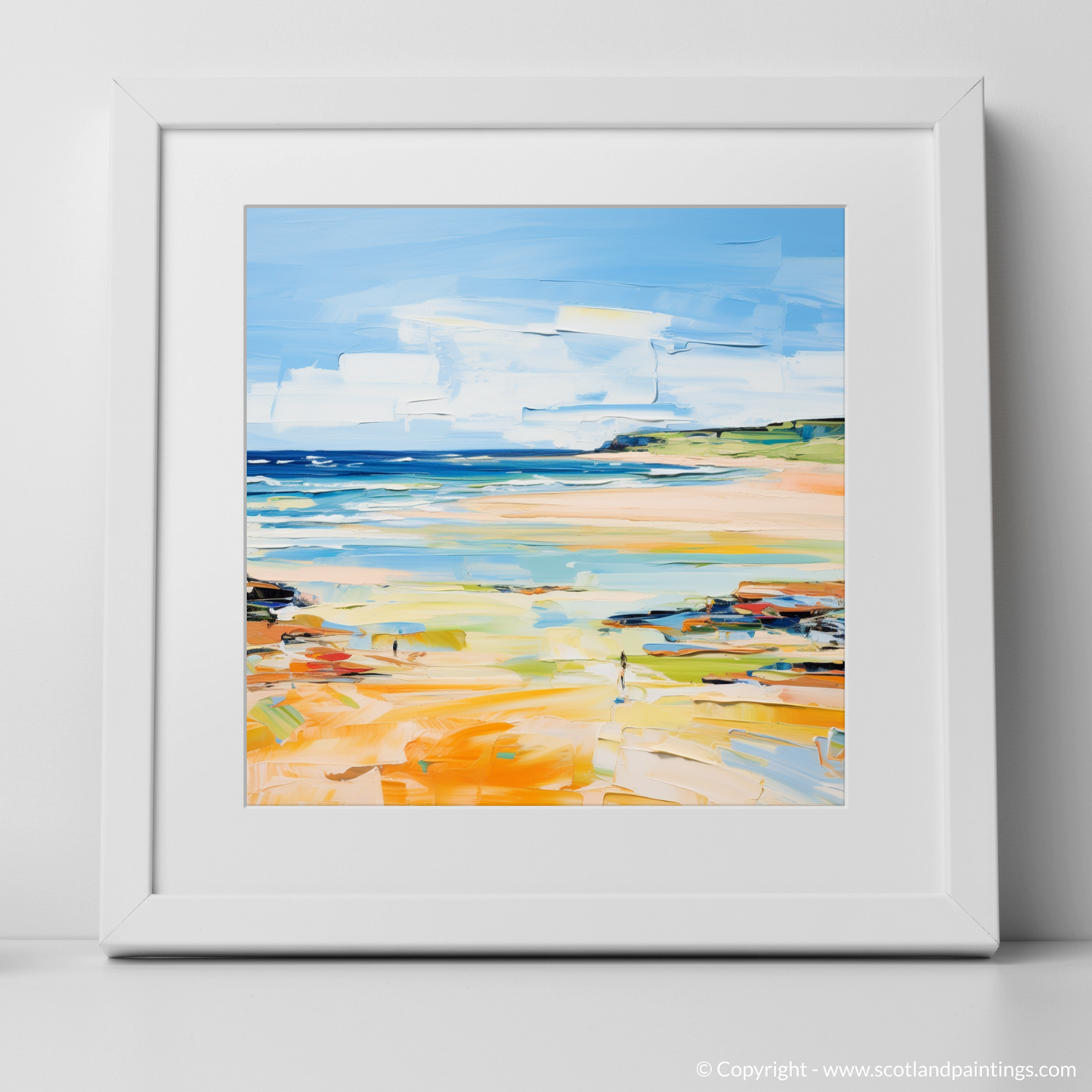 Art Print of St Cyrus Beach, Aberdeenshire in summer with a white frame