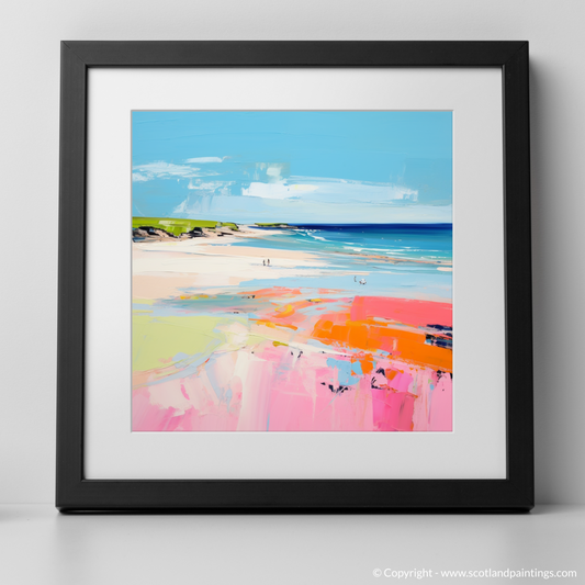 Art Print of St Cyrus Beach, Aberdeenshire in summer with a black frame