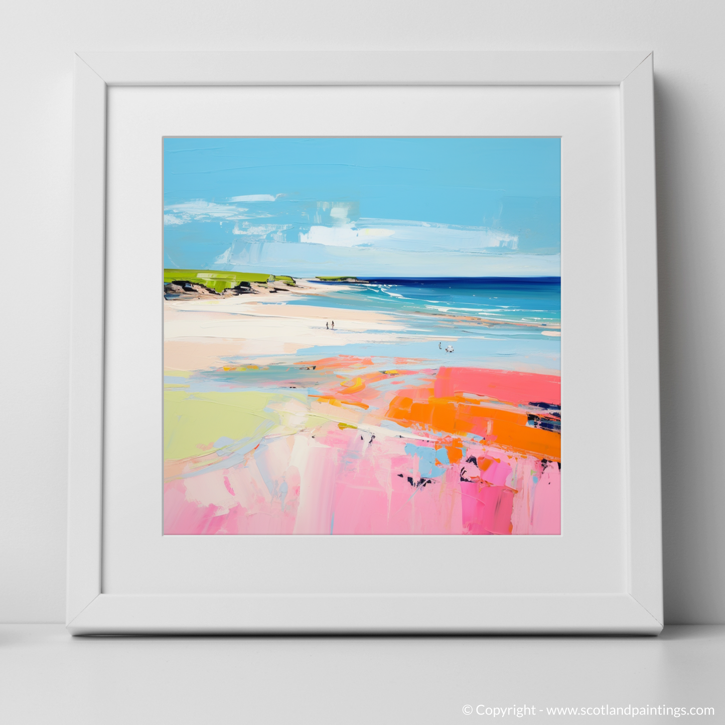 Art Print of St Cyrus Beach, Aberdeenshire in summer with a white frame