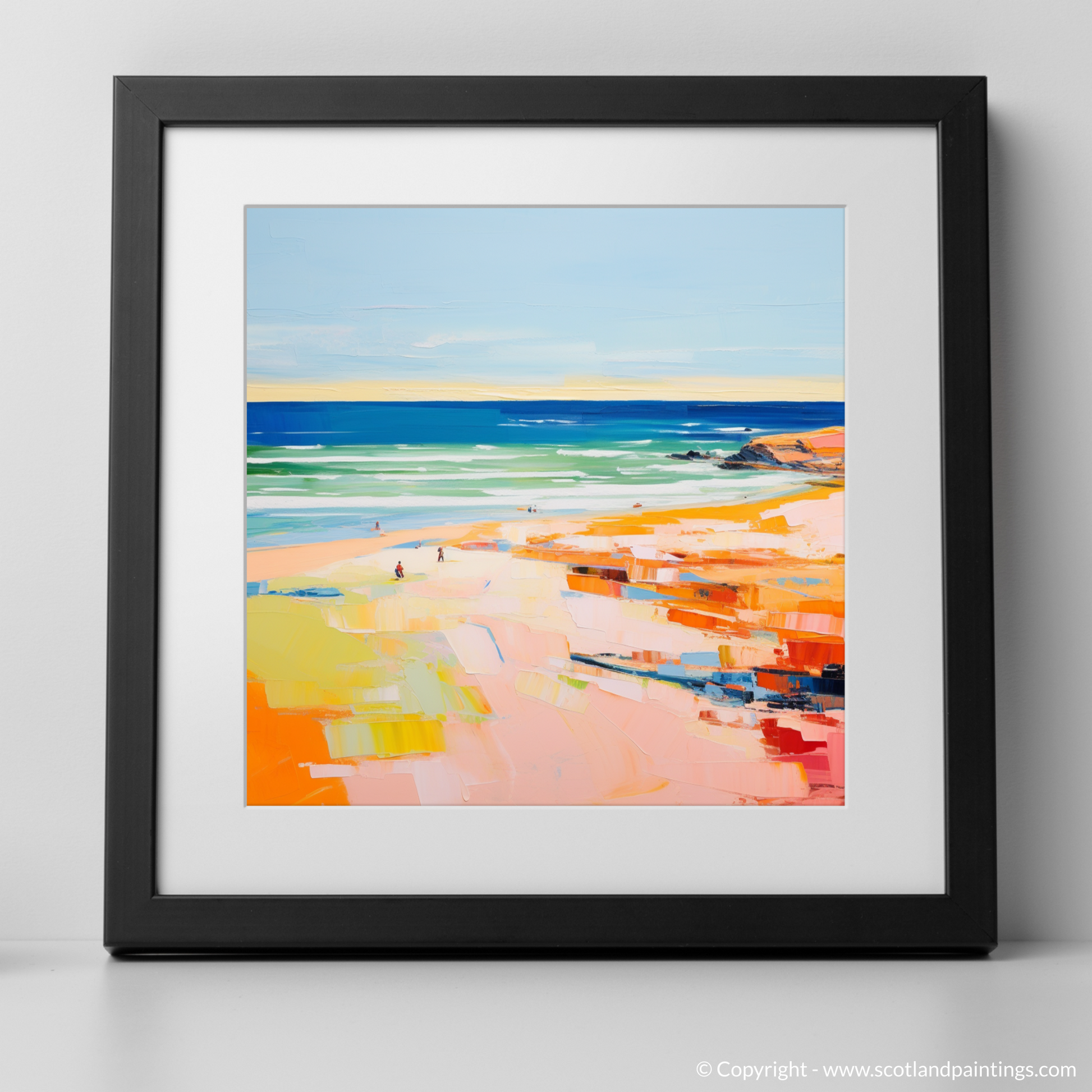 Art Print of St Cyrus Beach, Aberdeenshire in summer with a black frame