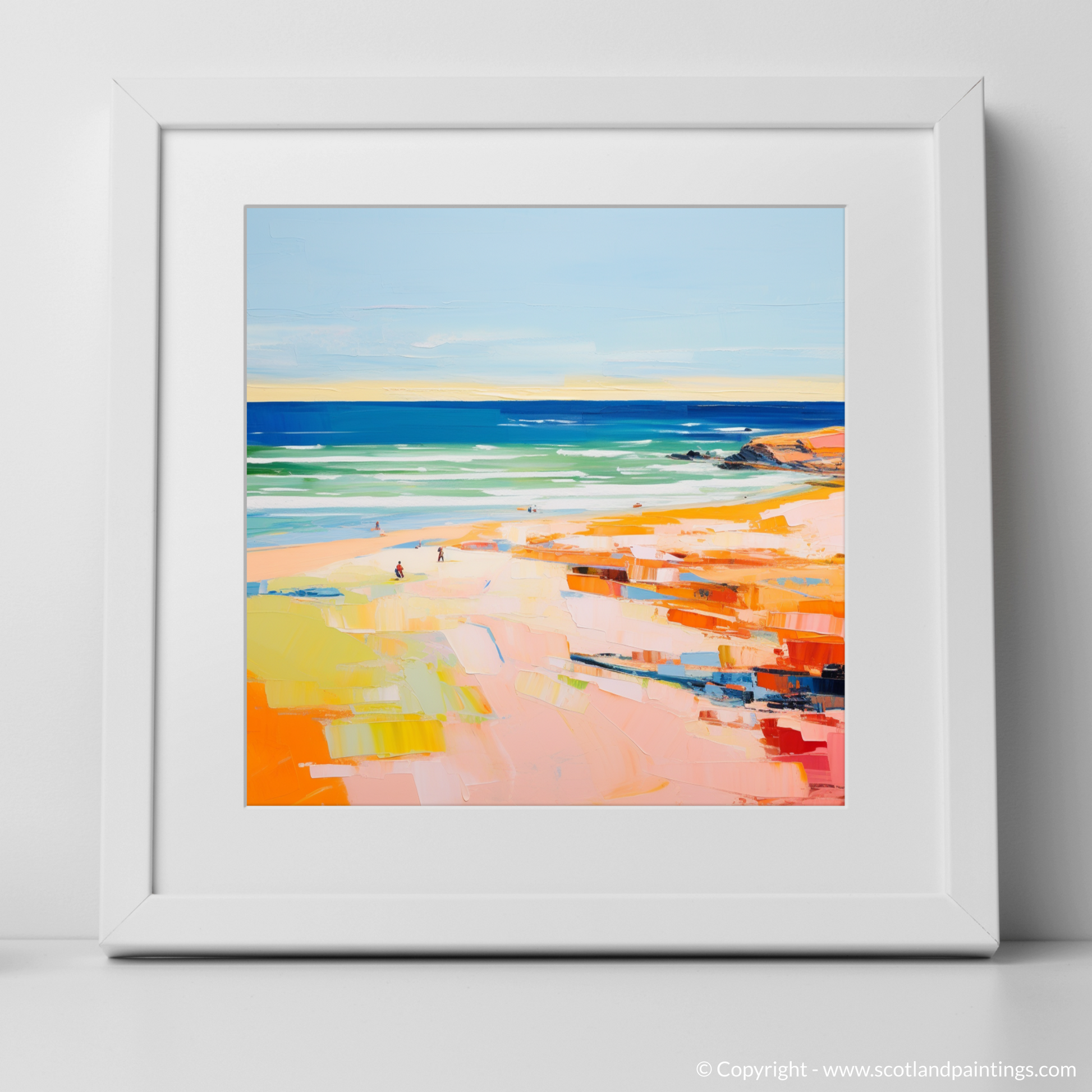 Art Print of St Cyrus Beach, Aberdeenshire in summer with a white frame