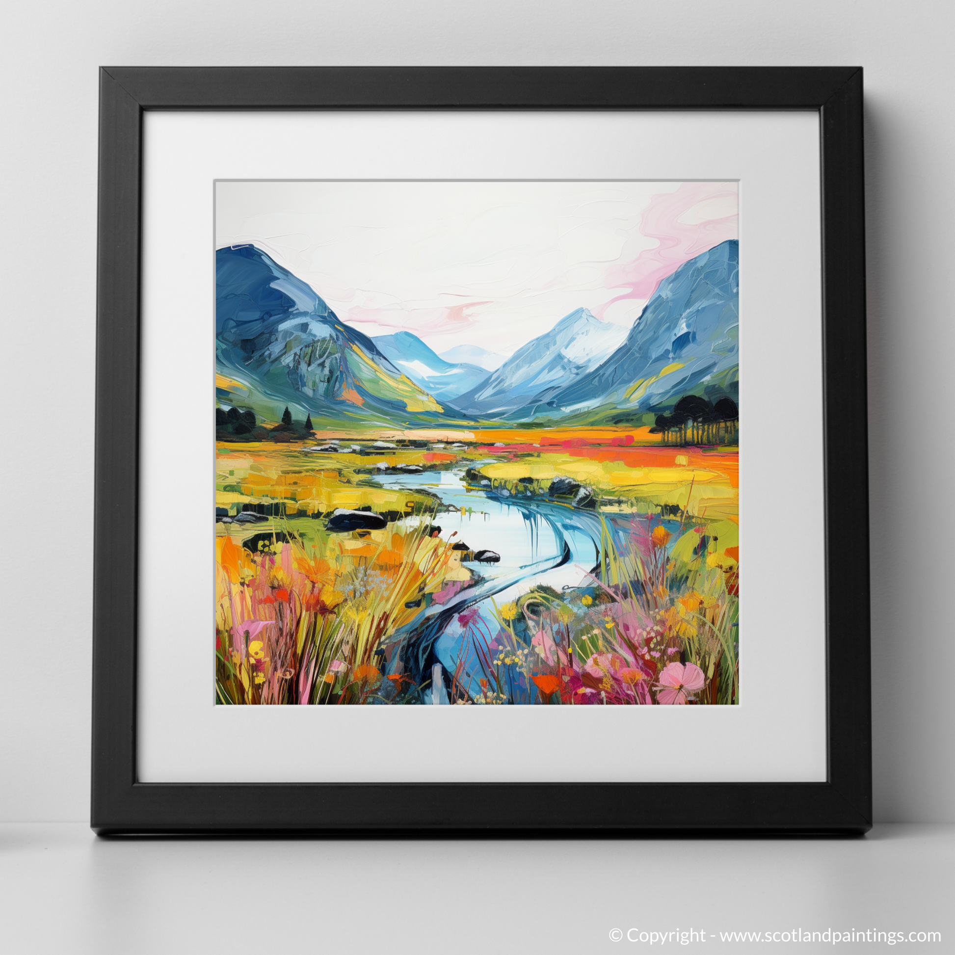 Art Print of Glen Coe, Highlands in summer with a black frame
