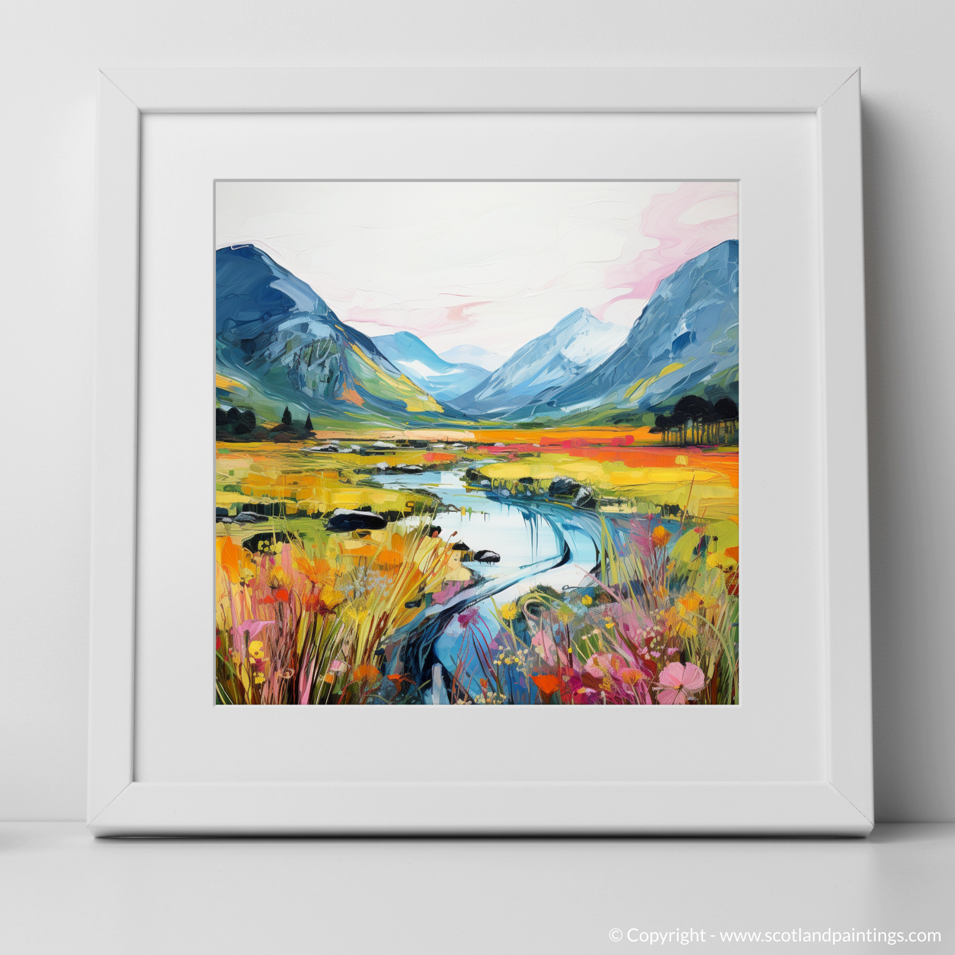 Art Print of Glen Coe, Highlands in summer with a white frame