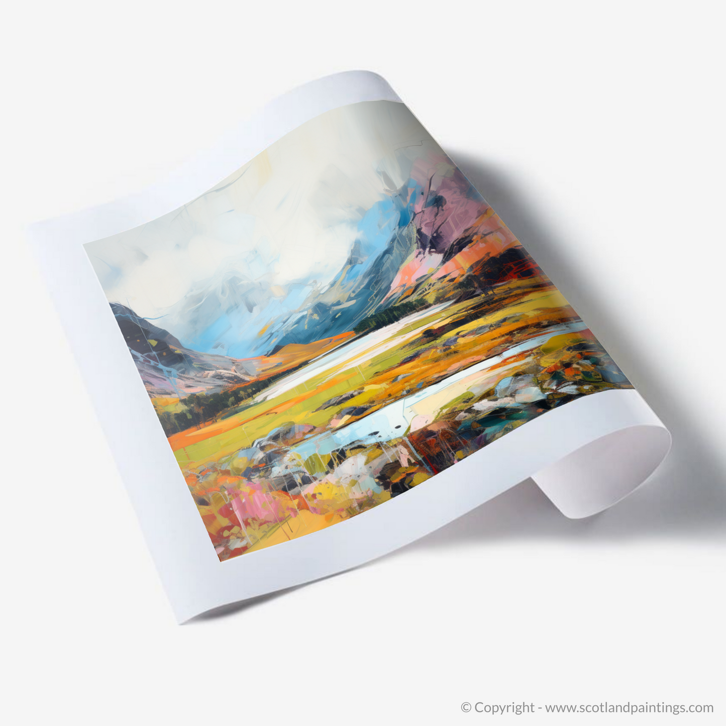 Painting and Art Print of Glen Coe, Highlands in summer. Summer Symphony of Glen Coe Highlands.