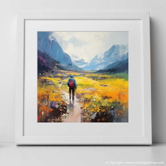 Art Print of Lone hiker in Glencoe during summer with a white frame