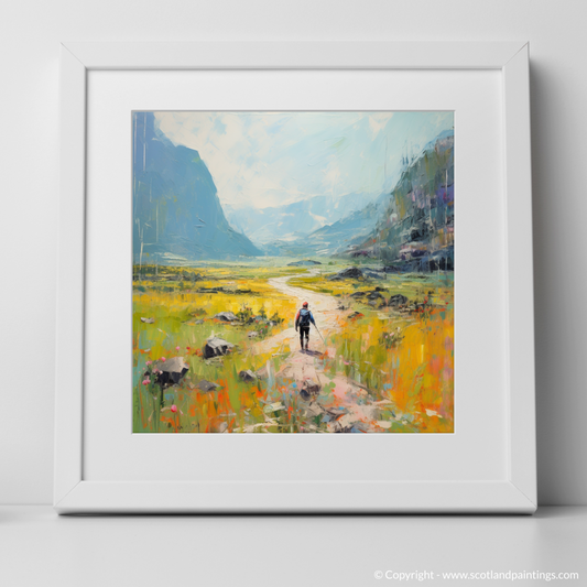 Art Print of Lone hiker in Glencoe during summer with a white frame