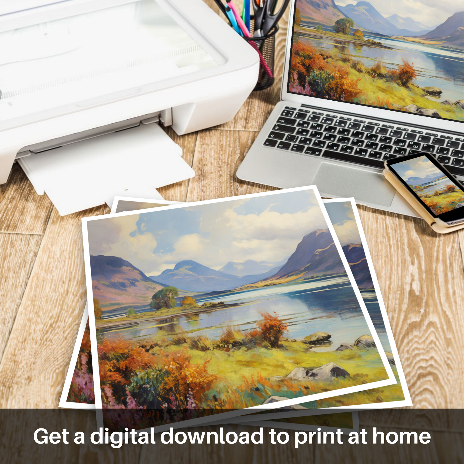 Downloadable and printable picture of Loch Leven, Highlands in summer