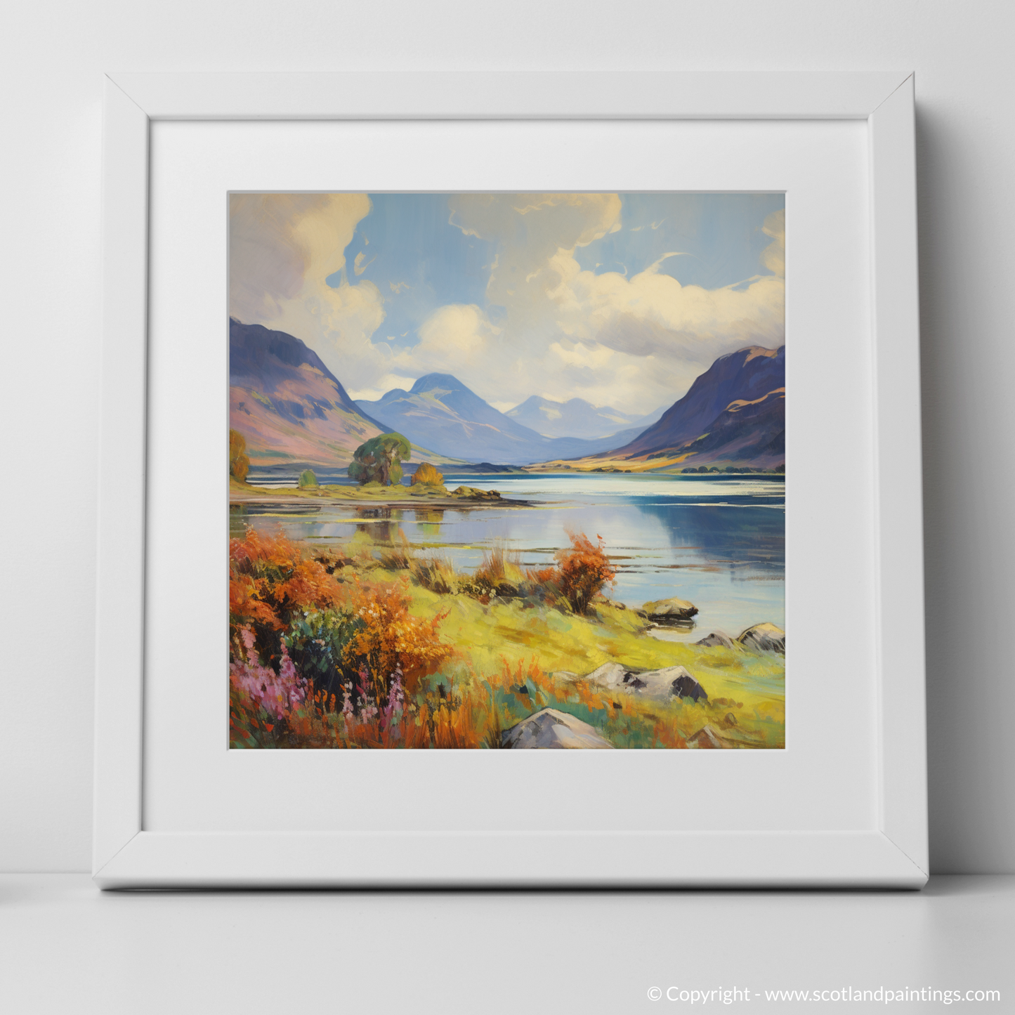 Art Print of Loch Leven, Highlands in summer with a white frame