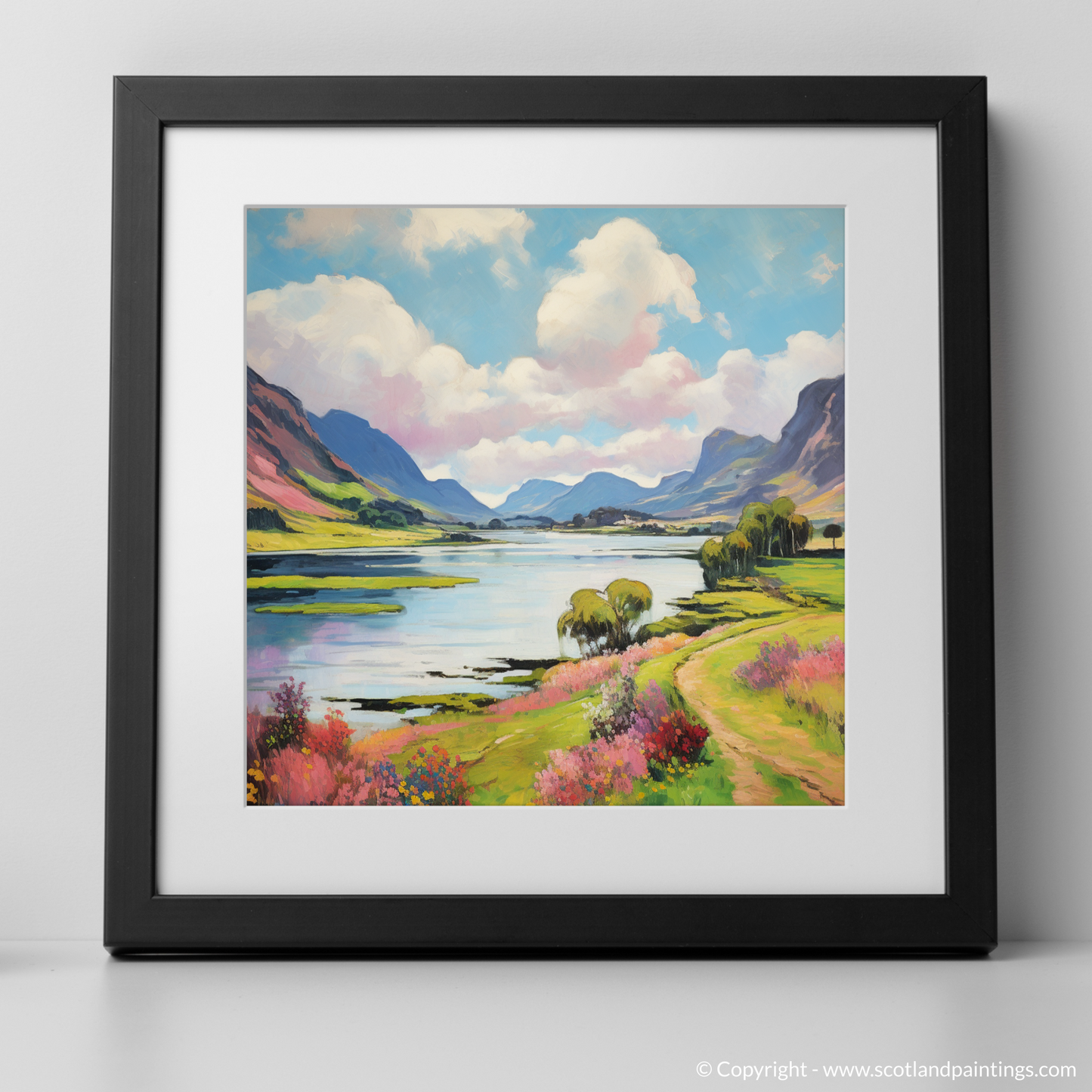 Art Print of Loch Leven, Highlands in summer with a black frame