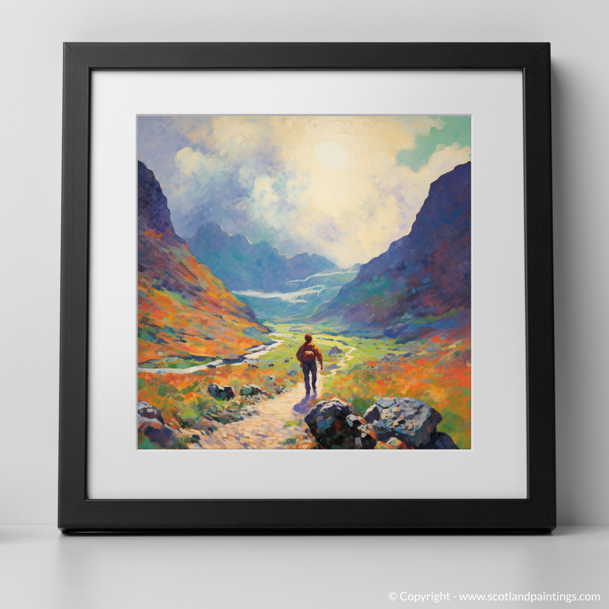 Art Print of Lone hiker in Glencoe during summer with a black frame