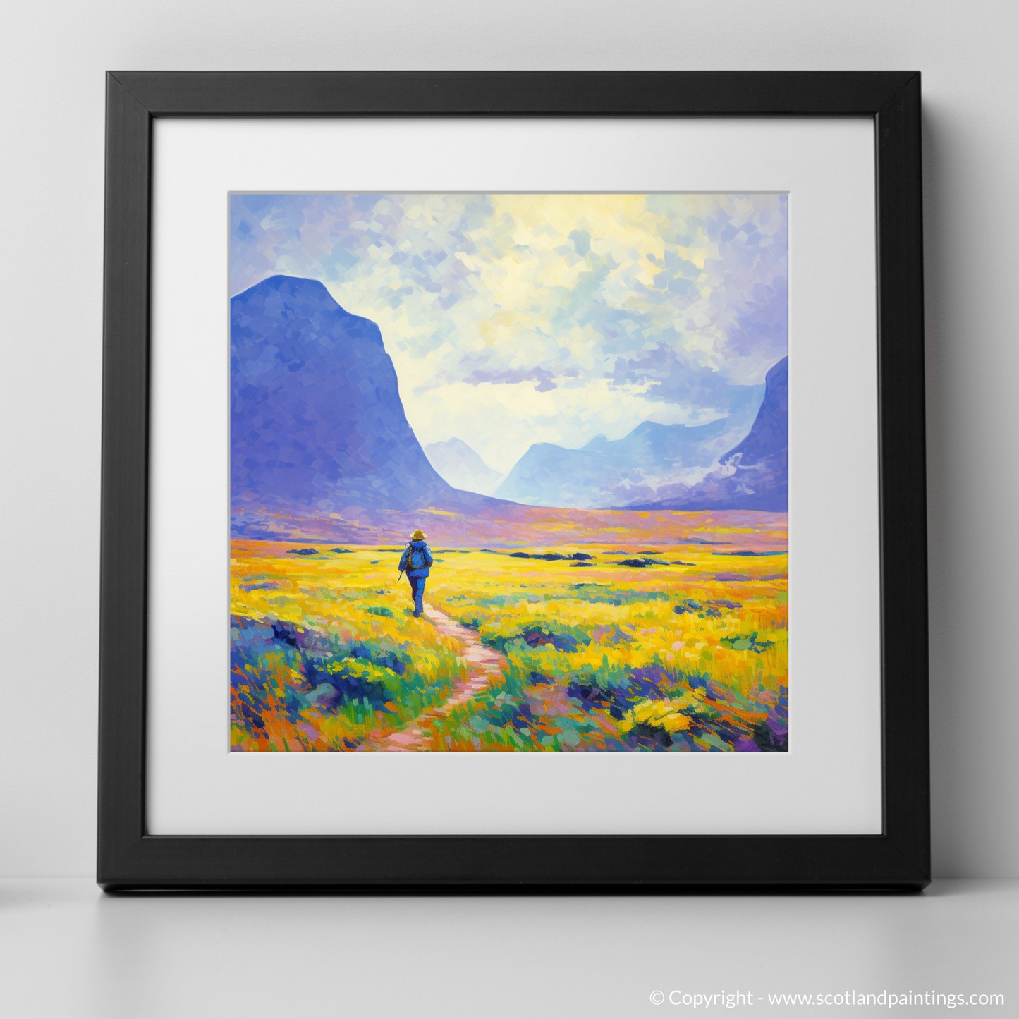 Art Print of Lone hiker in Glencoe during summer with a black frame