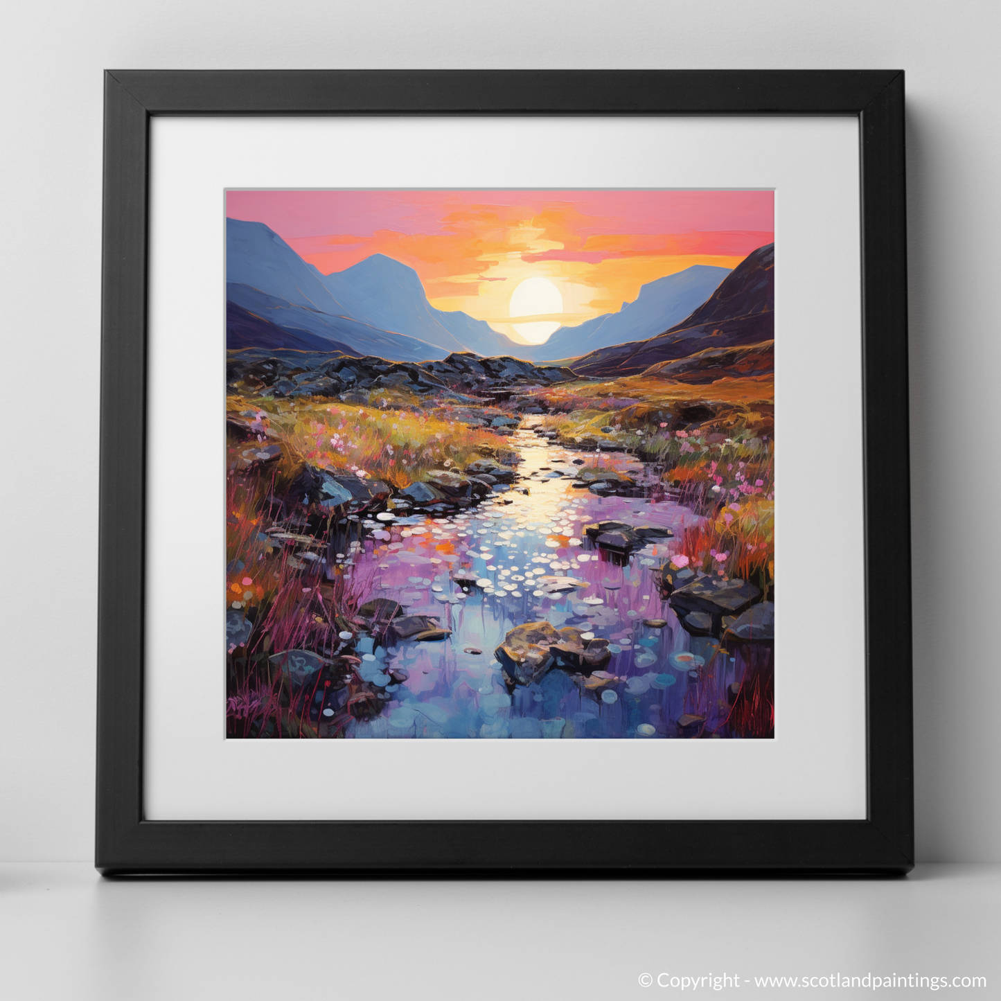 Art Print of Isle of Skye Fairy Pools at dusk in summer with a black frame