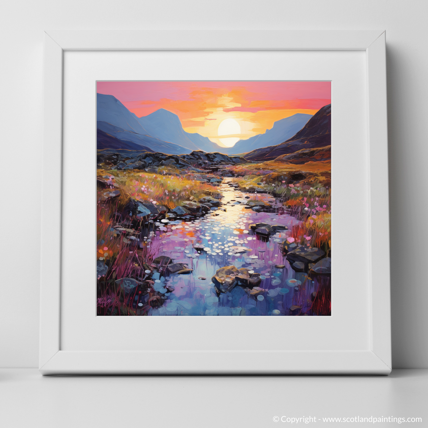 Art Print of Isle of Skye Fairy Pools at dusk in summer with a white frame