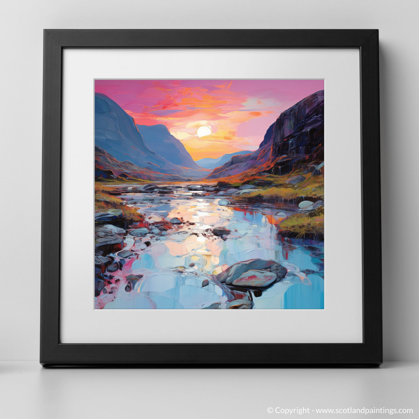Art Print of Isle of Skye Fairy Pools at dusk in summer with a black frame