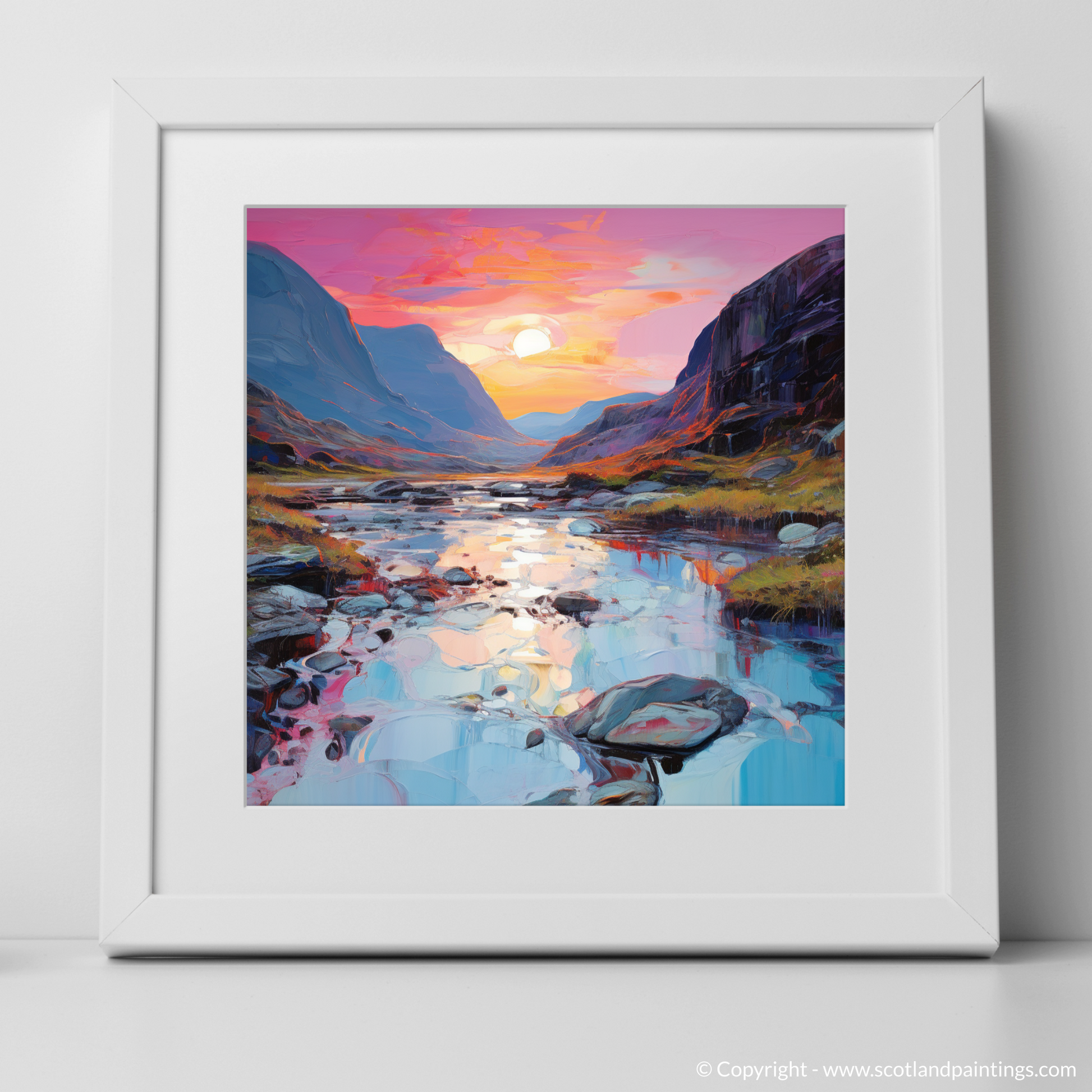 Art Print of Isle of Skye Fairy Pools at dusk in summer with a white frame