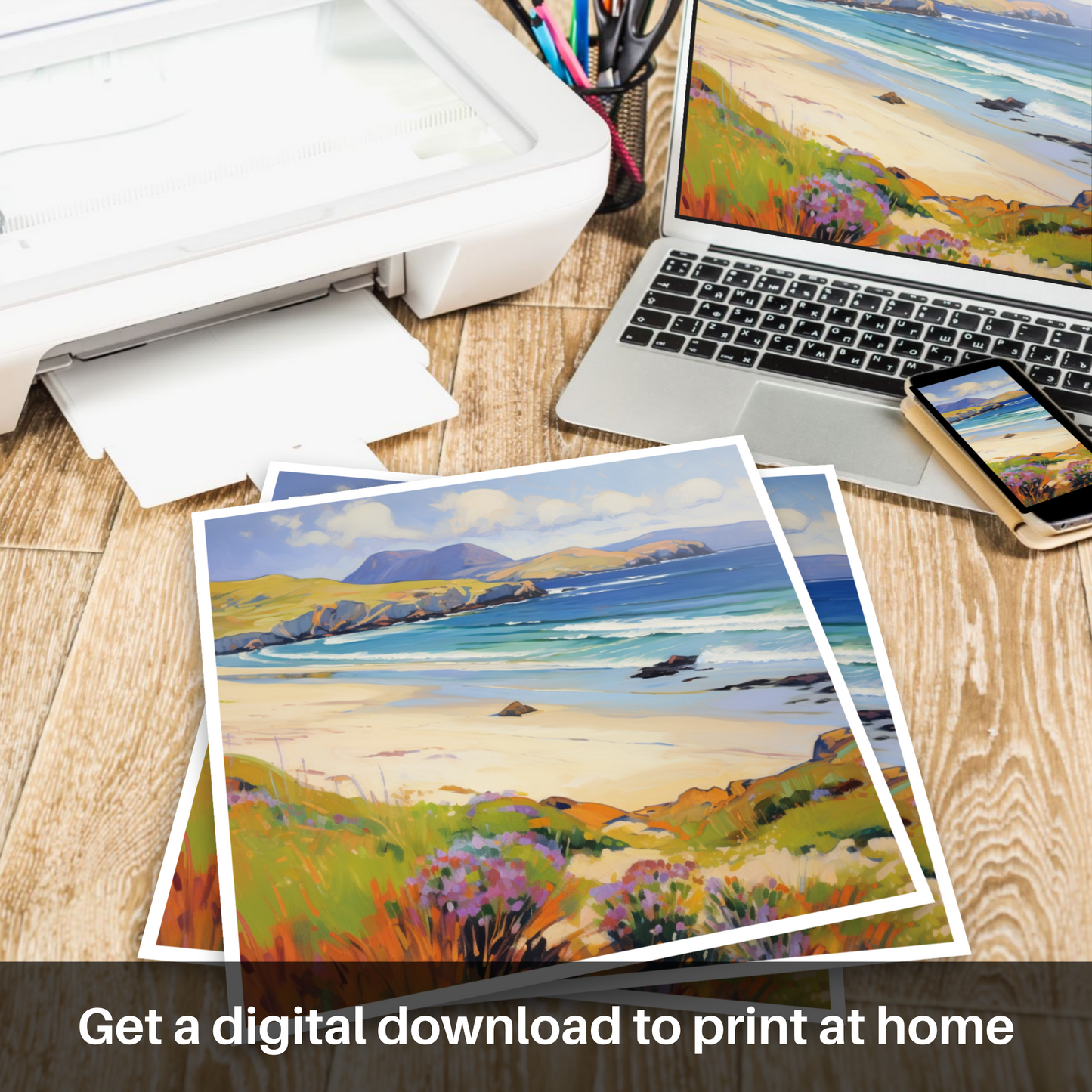 Downloadable and printable picture of Sandwood Bay, Sutherland in summer