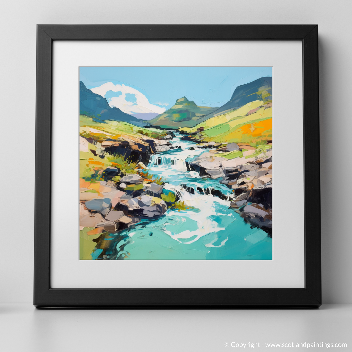 Art Print of The Fairy Pools, Isle of Skye in summer with a black frame