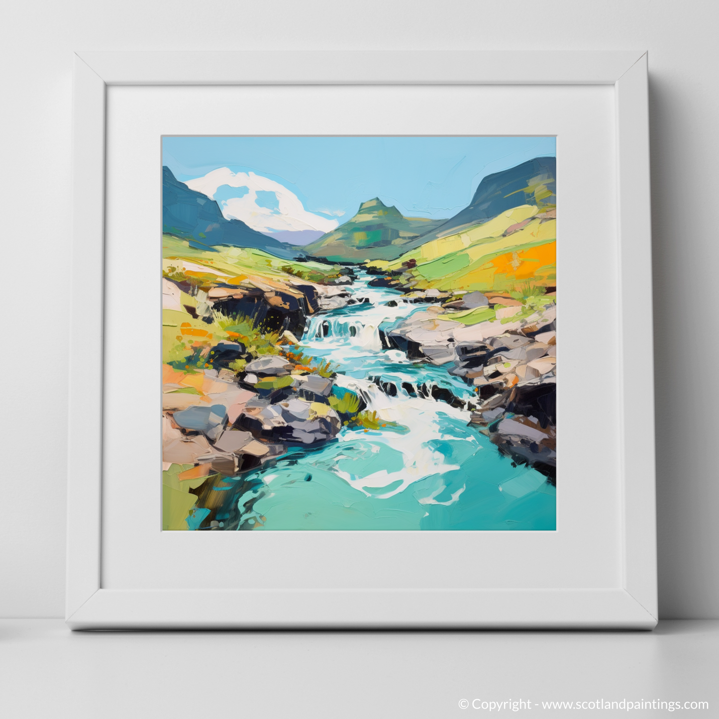 Art Print of The Fairy Pools, Isle of Skye in summer with a white frame