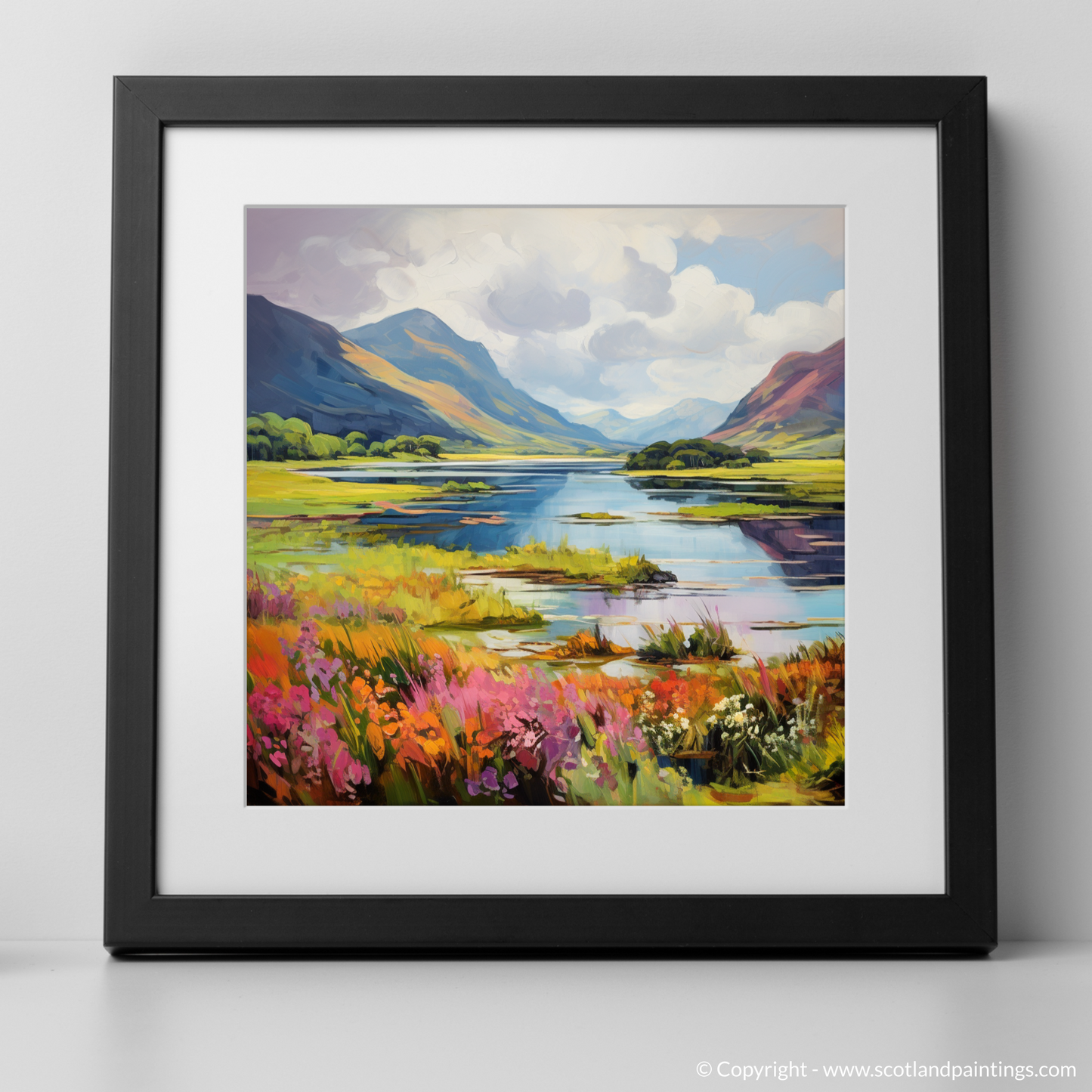 Art Print of Loch Leven, Highlands in summer with a black frame