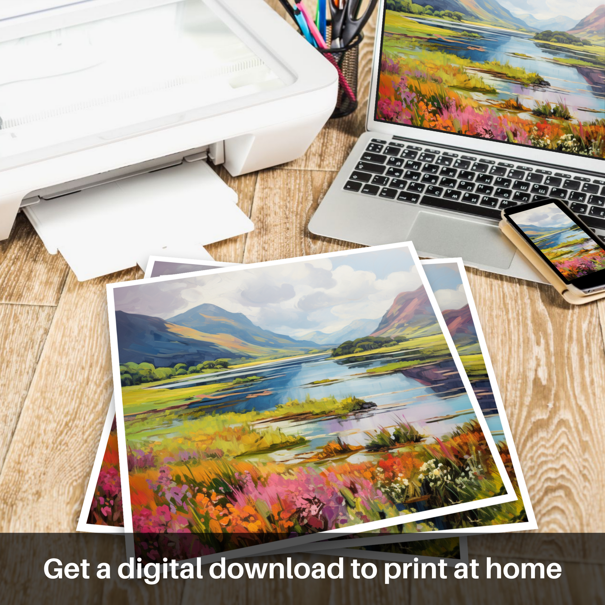 Downloadable and printable picture of Loch Leven, Highlands in summer