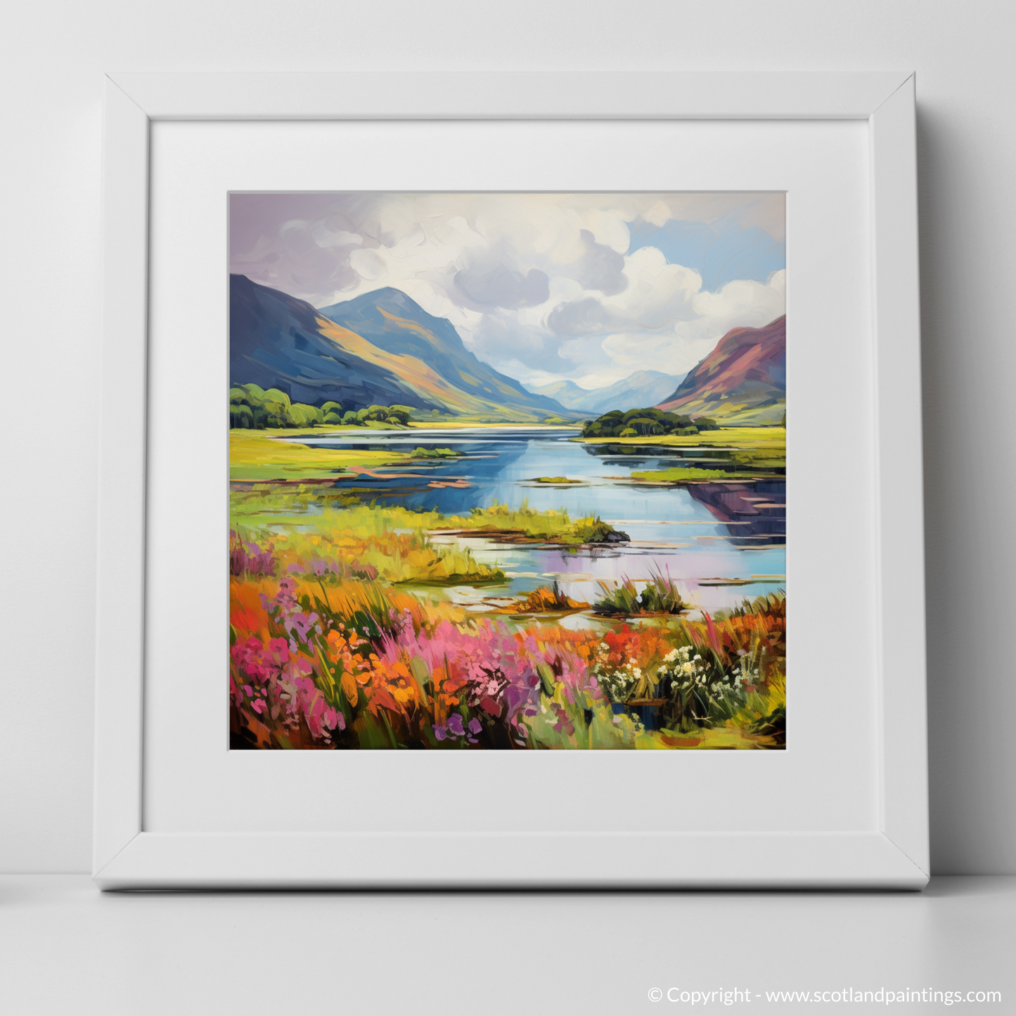 Art Print of Loch Leven, Highlands in summer with a white frame