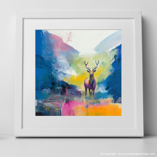 Art Print of A stag in Glencoe during summer with a white frame