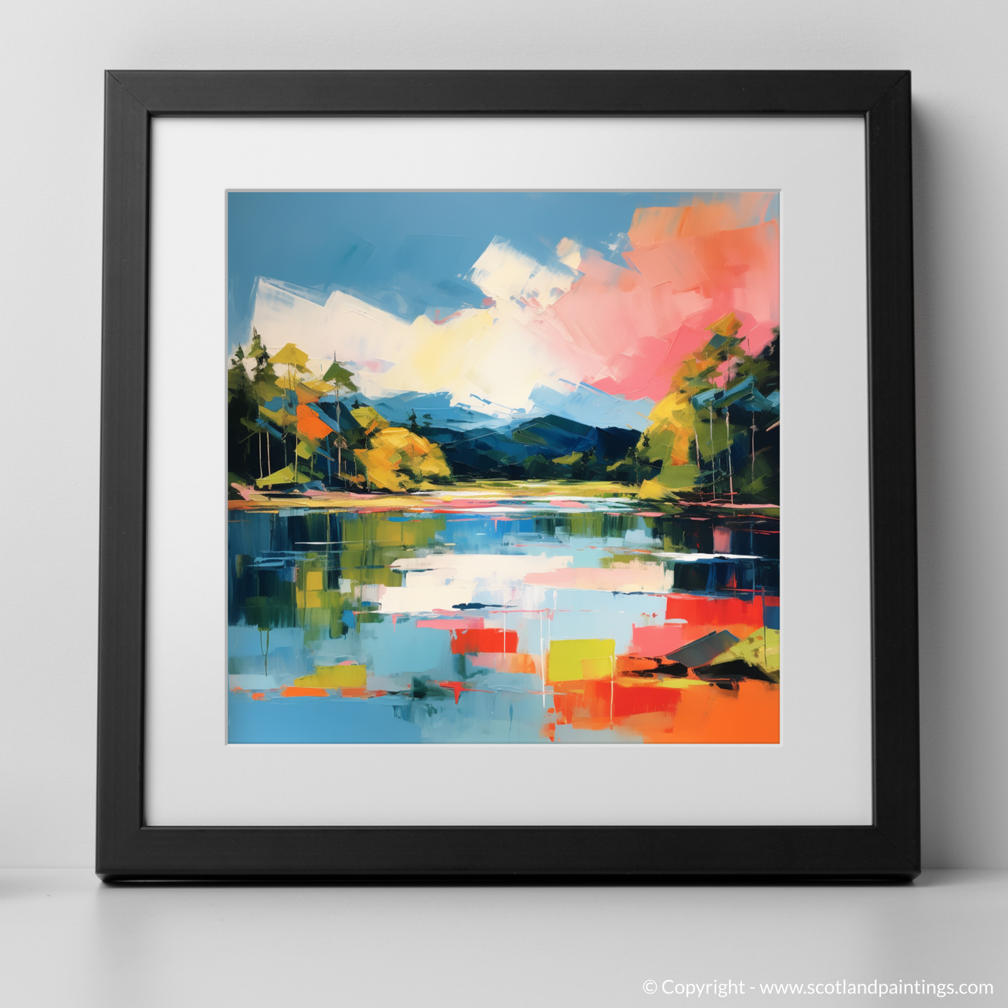 Art Print of Loch Achray in summer with a black frame