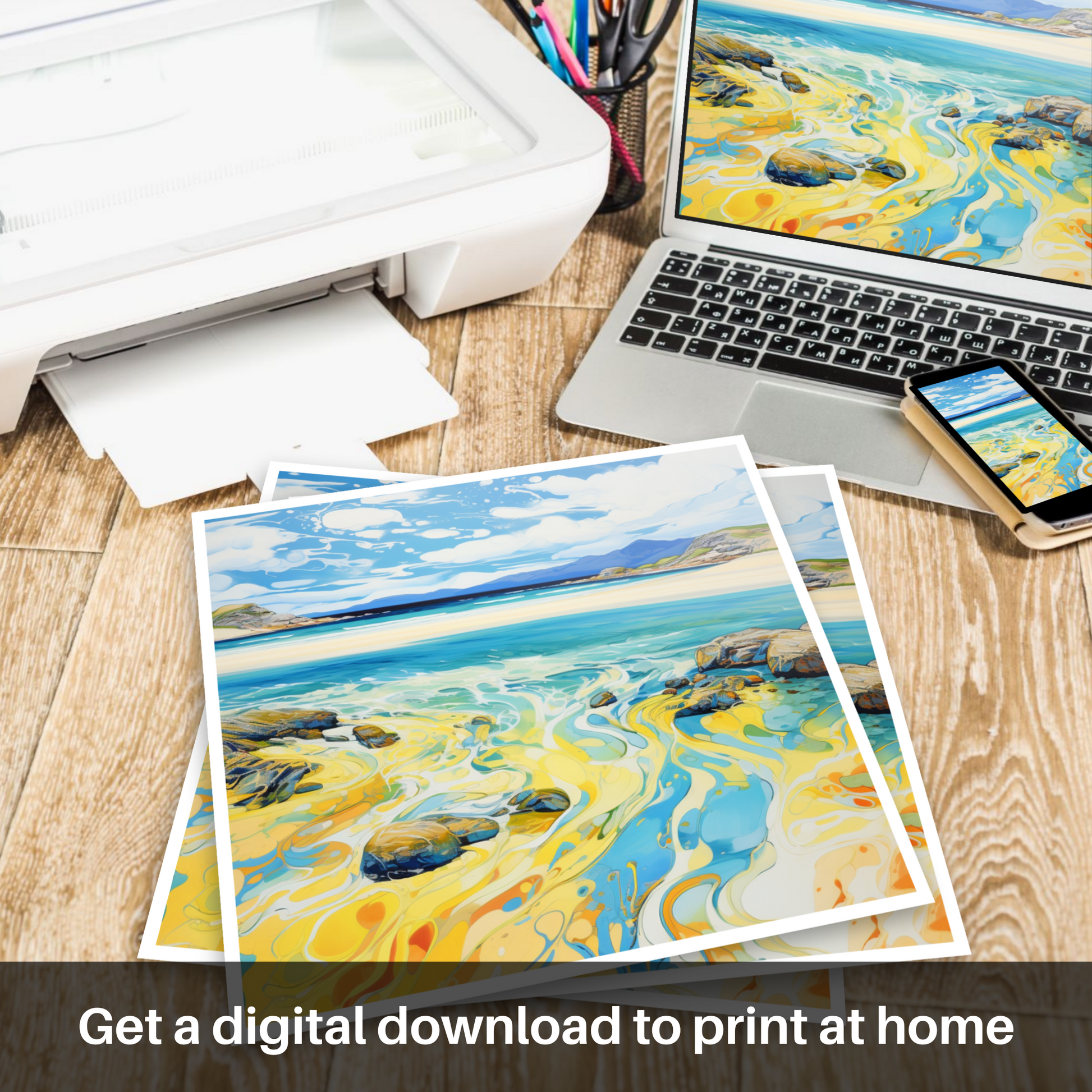 Downloadable and printable picture of Luskentyre Sands, Isle of Lewis in summer