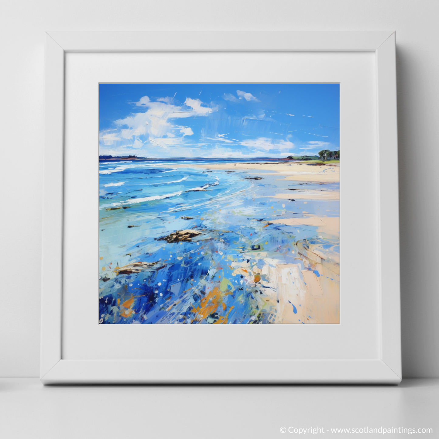 Art Print of Longniddry Beach, East Lothian in summer with a white frame