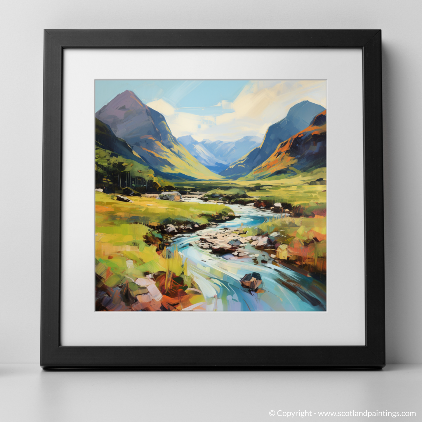 Art Print of Glen Coe, Highlands in summer with a black frame