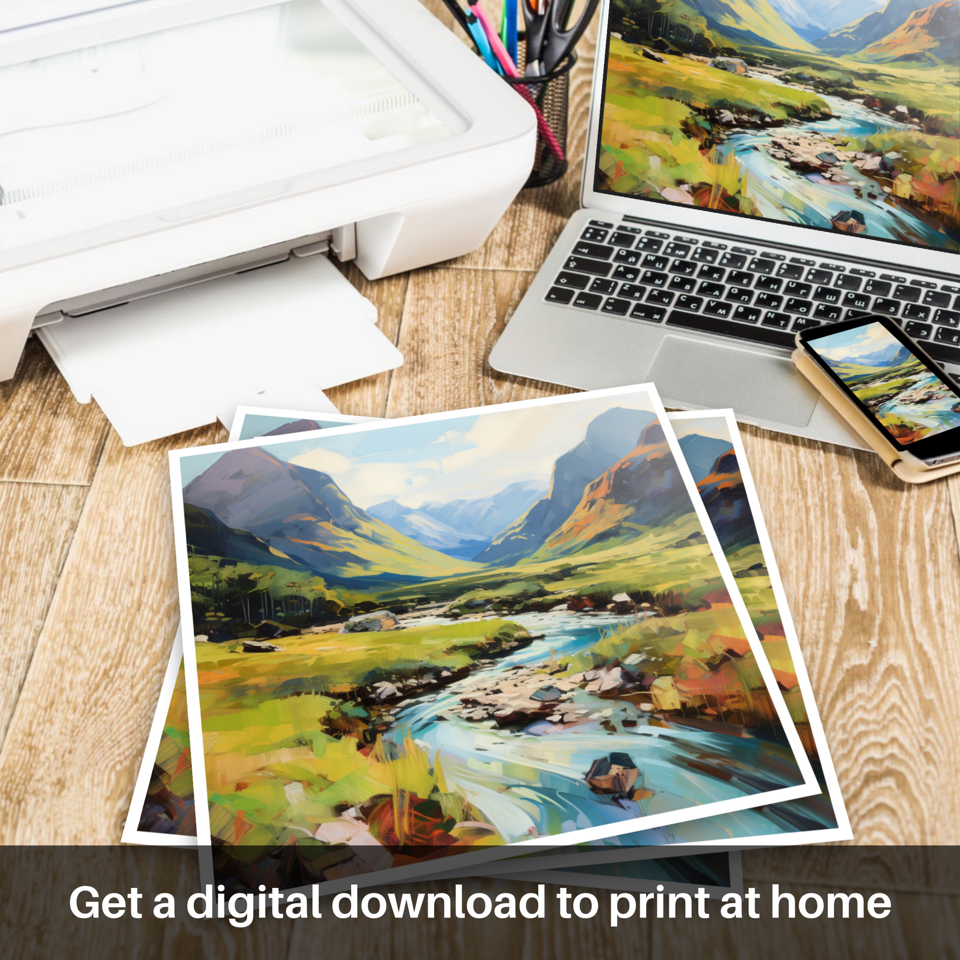 Downloadable and printable picture of Glen Coe, Highlands in summer