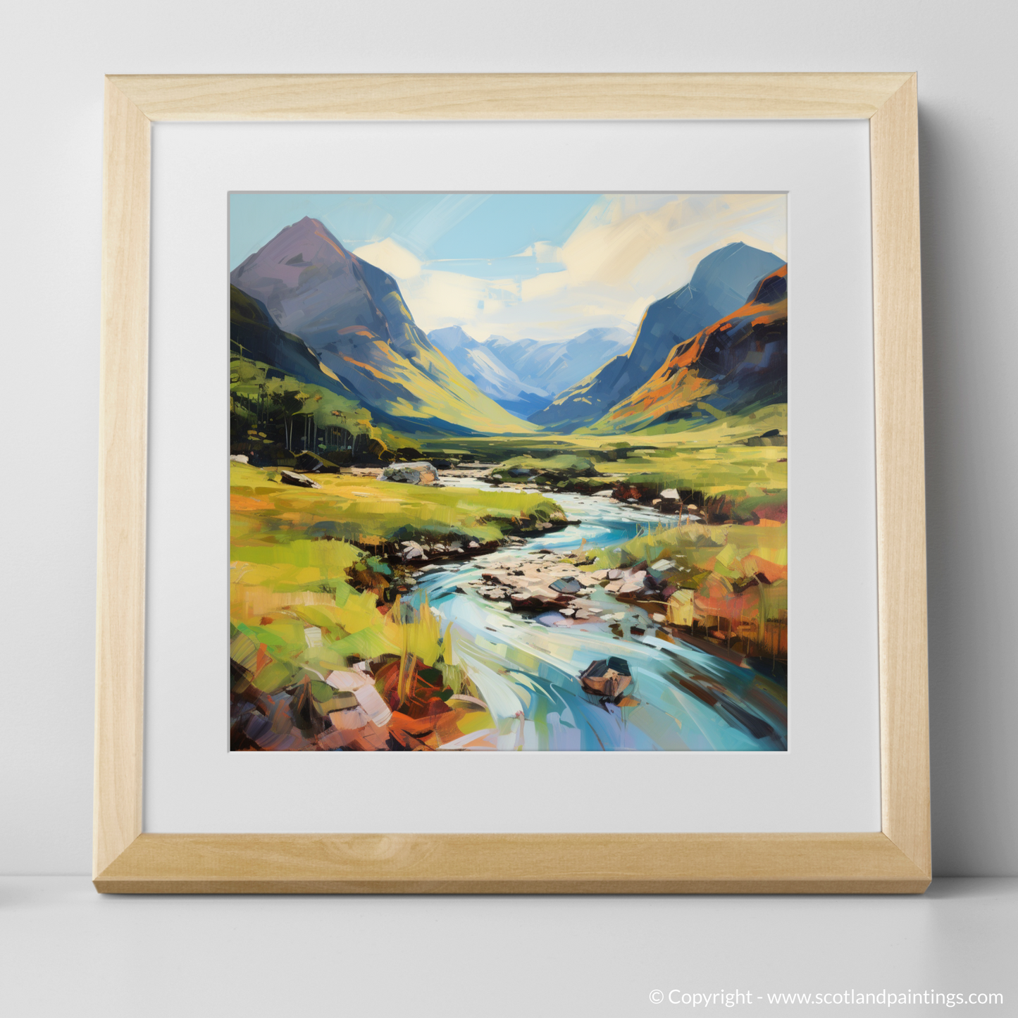 Art Print of Glen Coe, Highlands in summer with a natural frame