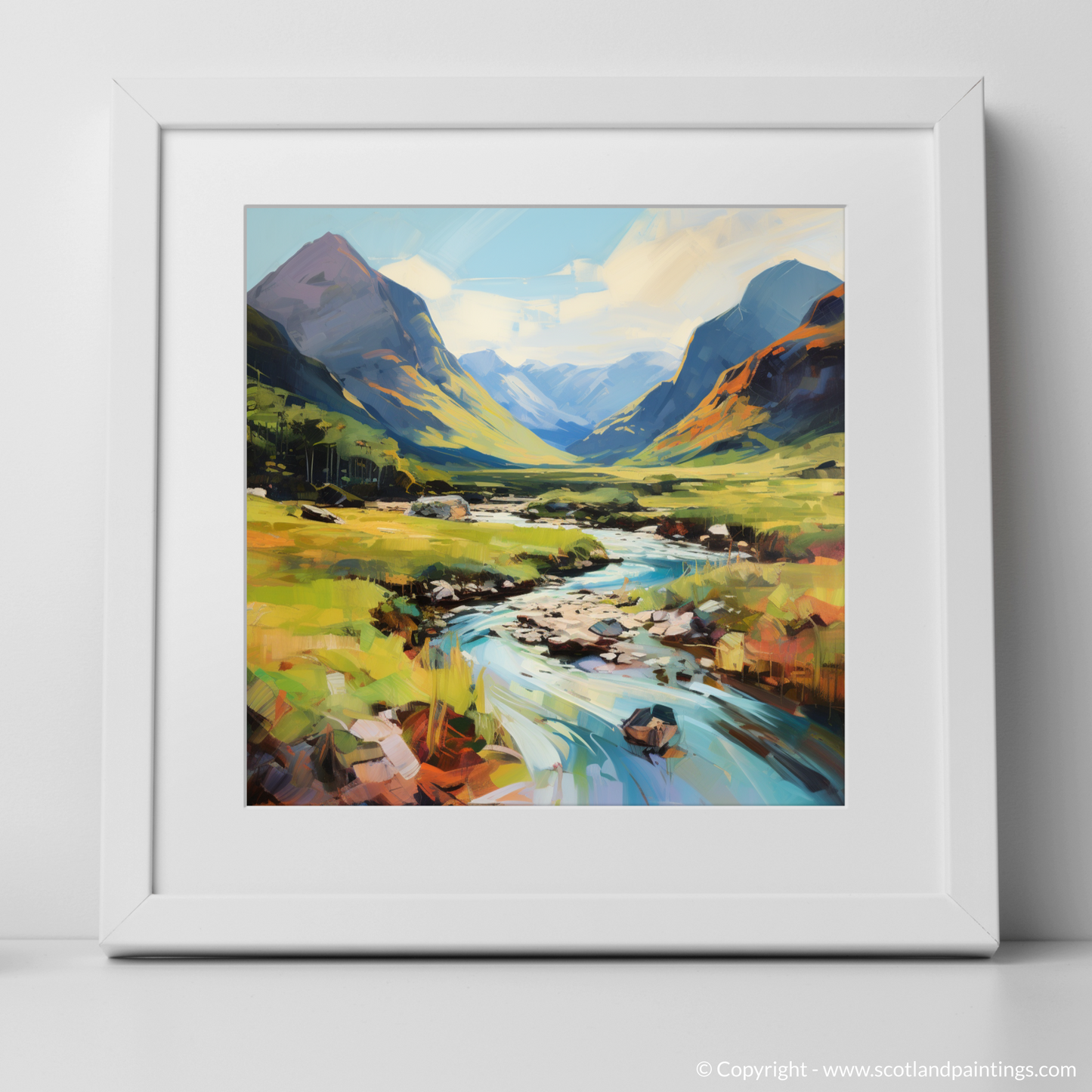 Art Print of Glen Coe, Highlands in summer with a white frame