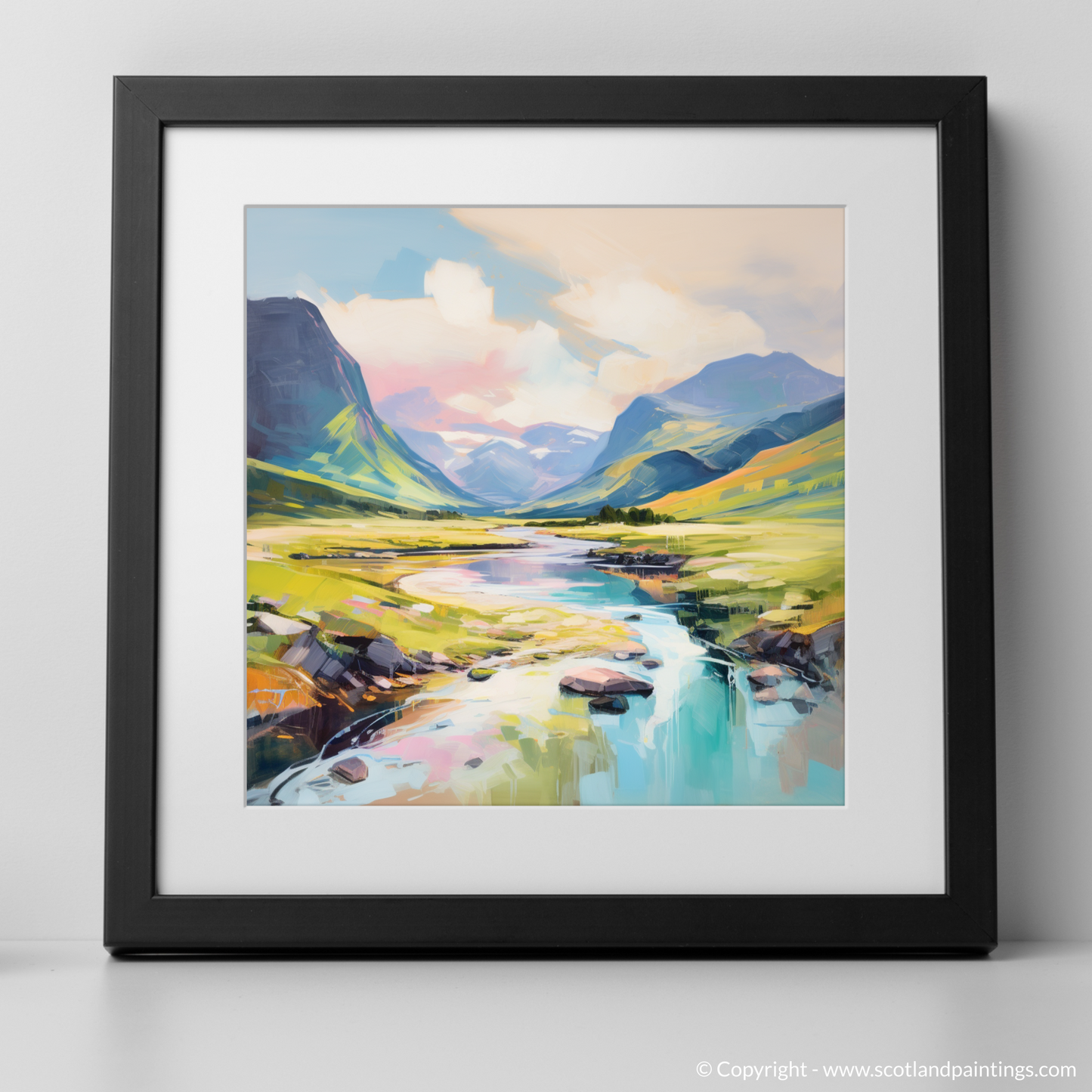 Art Print of Glen Coe, Highlands in summer with a black frame