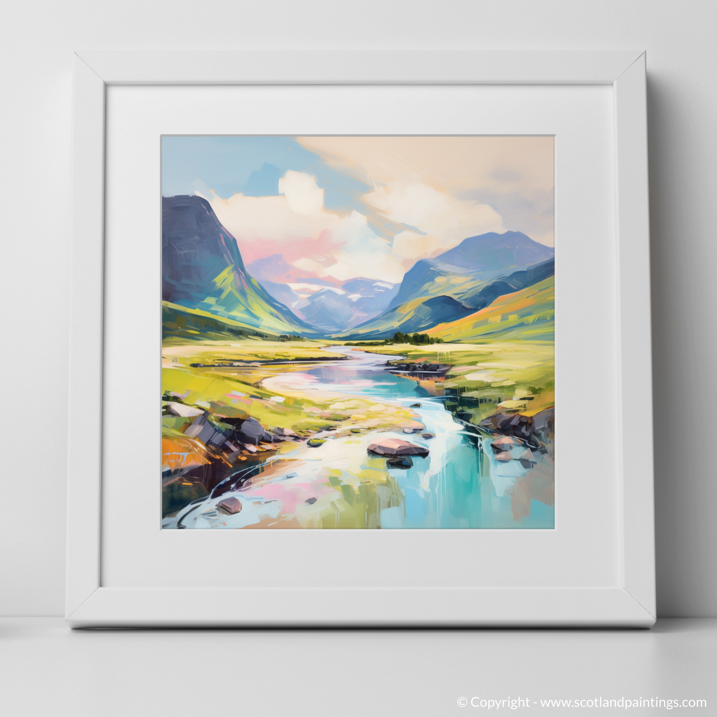 Art Print of Glen Coe, Highlands in summer with a white frame