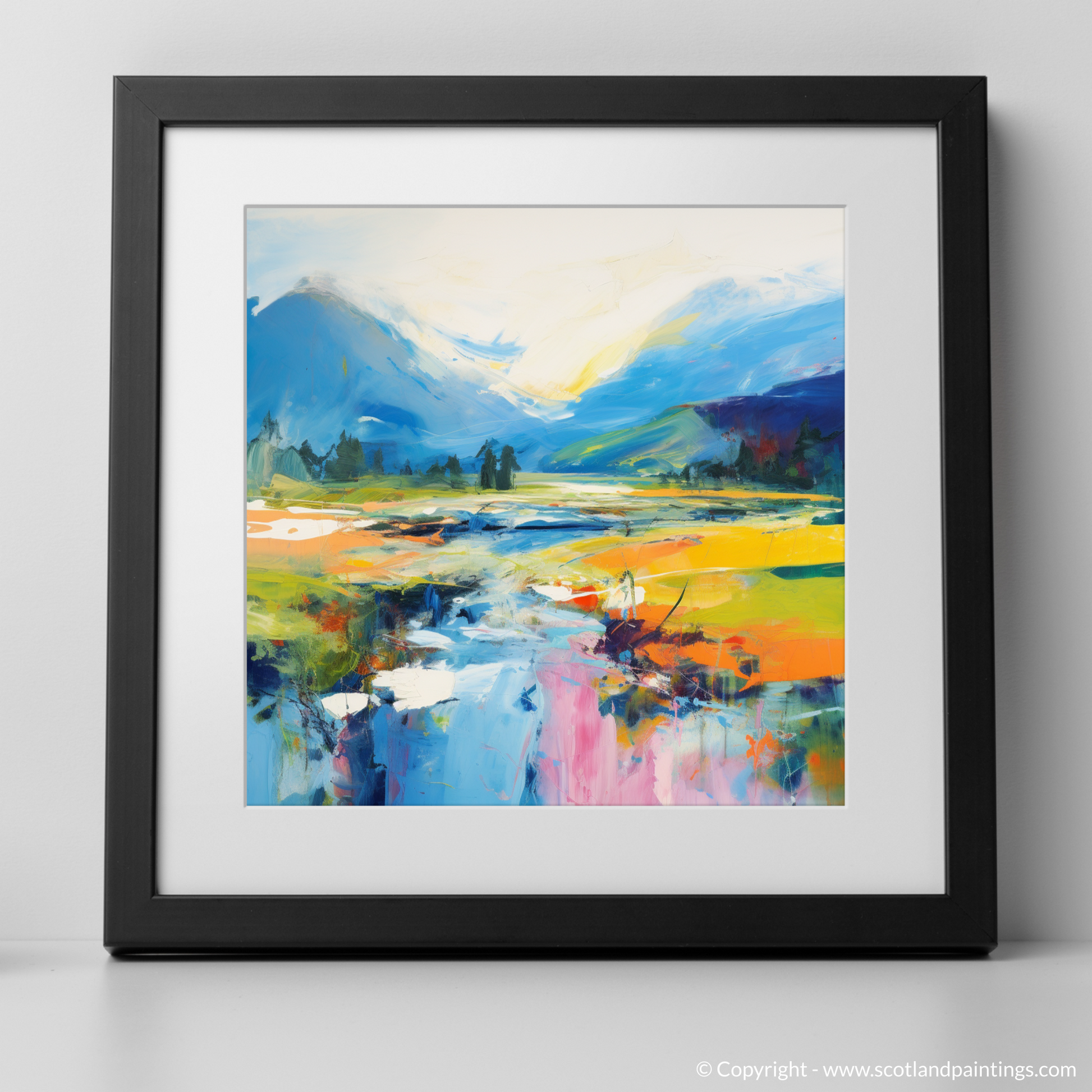 Art Print of River Spean, Highlands in summer with a black frame