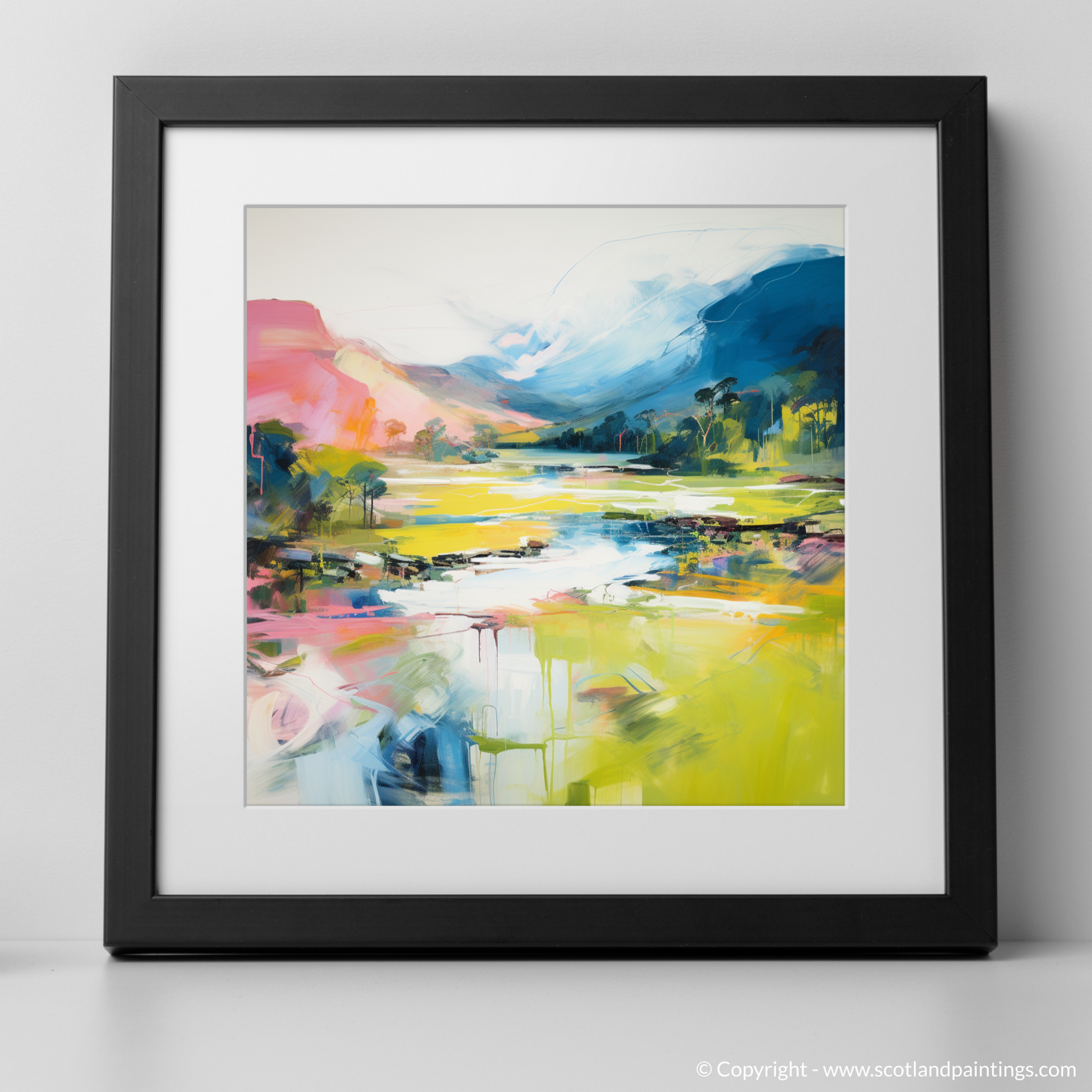 Art Print of River Spean, Highlands in summer with a black frame
