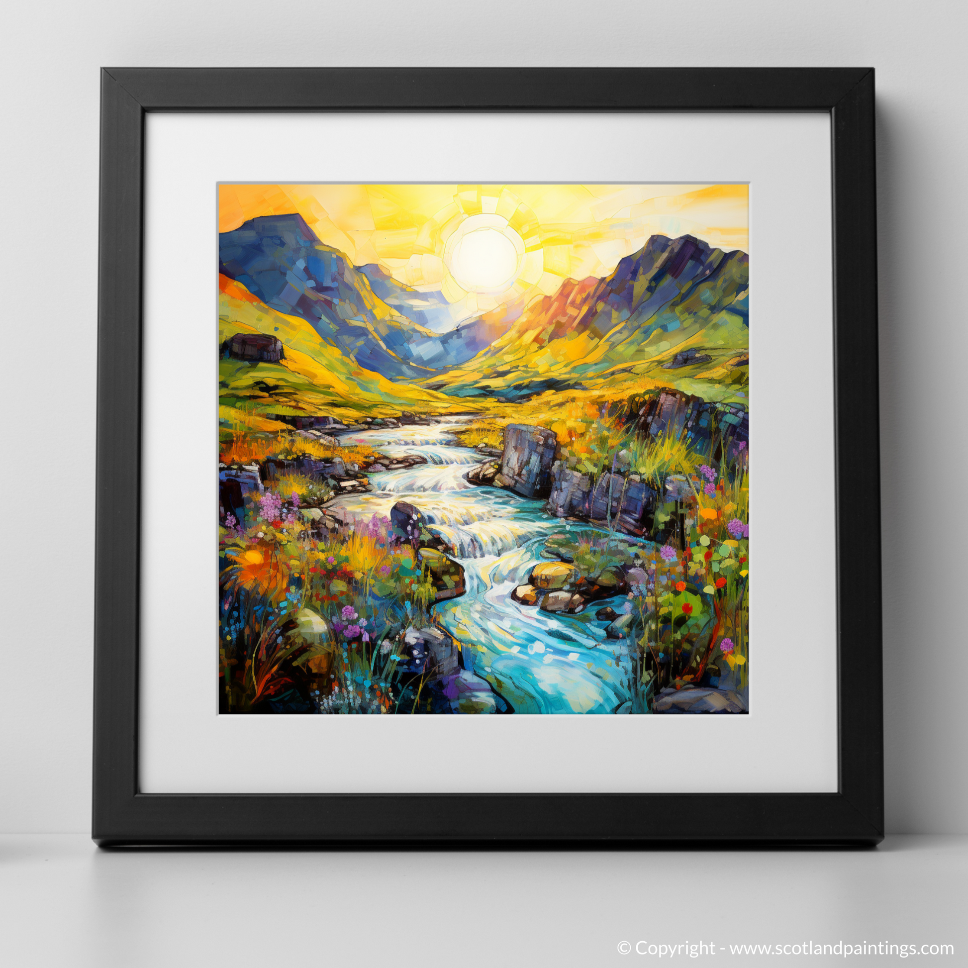 Art Print of Isle of Skye Fairy Pools at golden hour in summer with a black frame