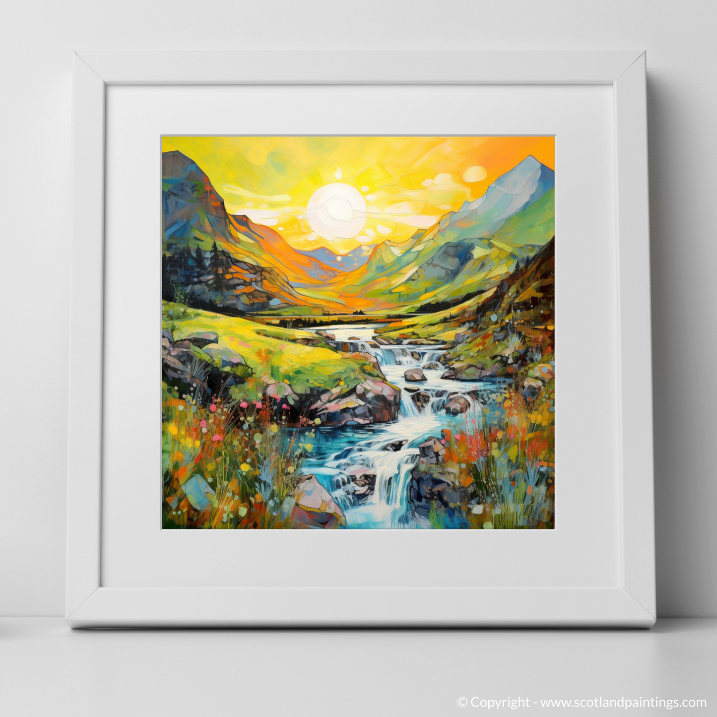 Art Print of Isle of Skye Fairy Pools at golden hour in summer with a white frame