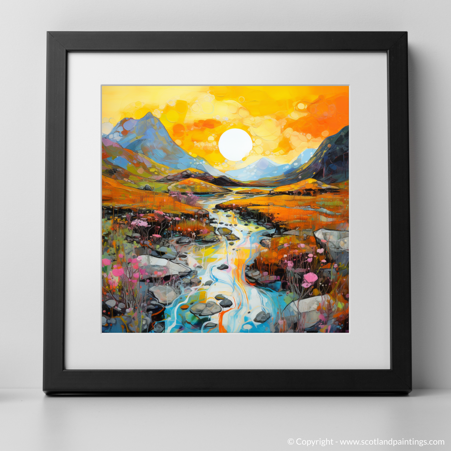 Art Print of Isle of Skye Fairy Pools at golden hour in summer with a black frame