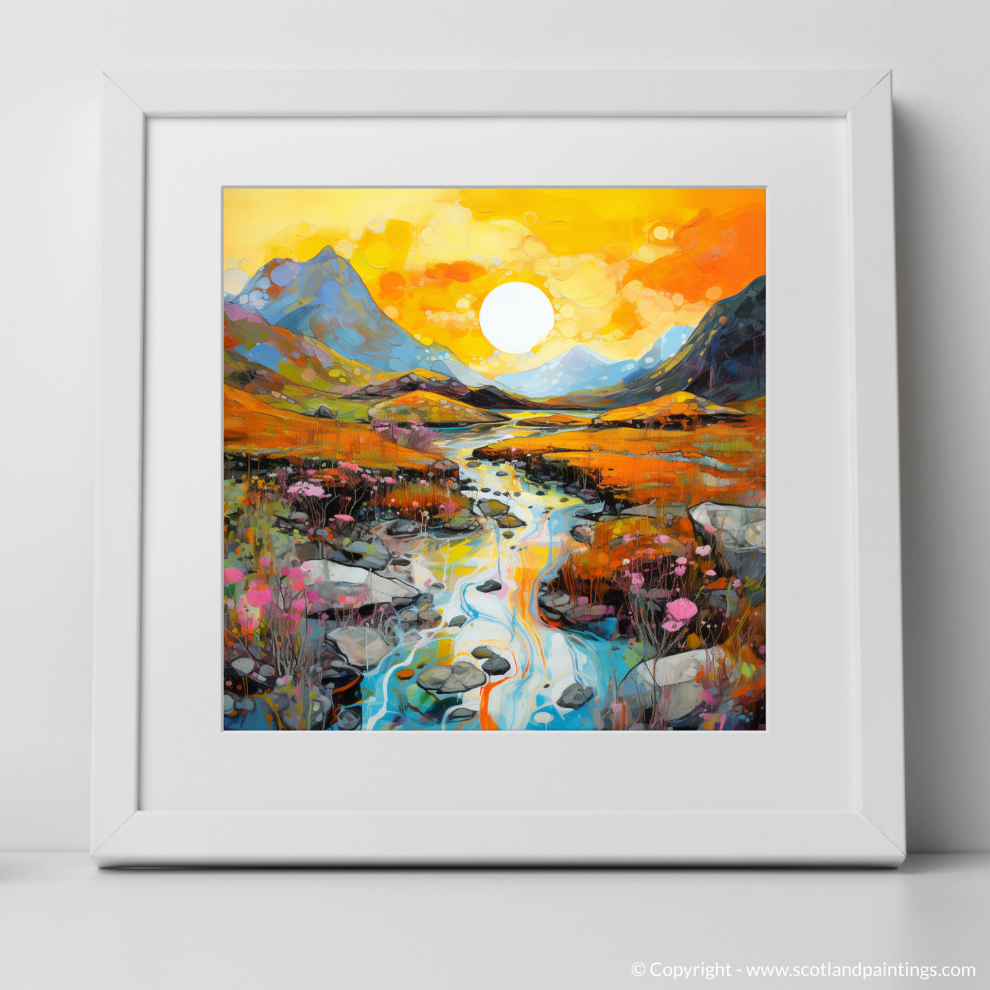 Art Print of Isle of Skye Fairy Pools at golden hour in summer with a white frame