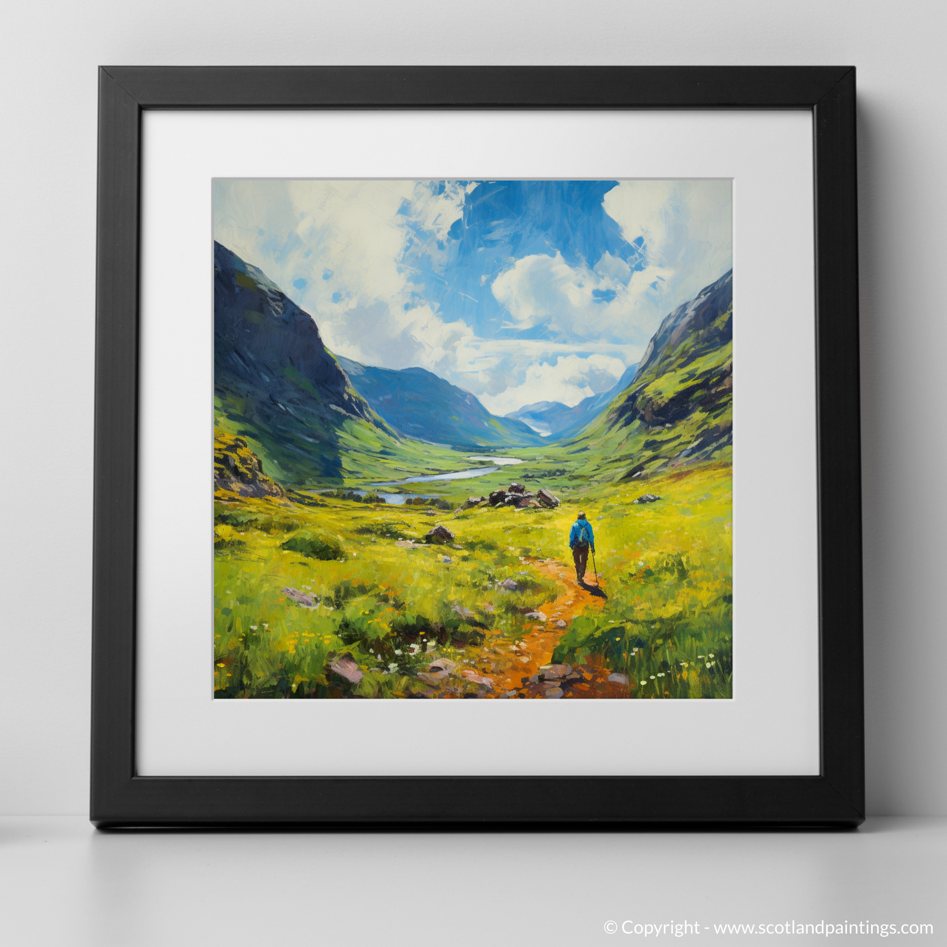 Art Print of Lone hiker in Glencoe during summer with a black frame