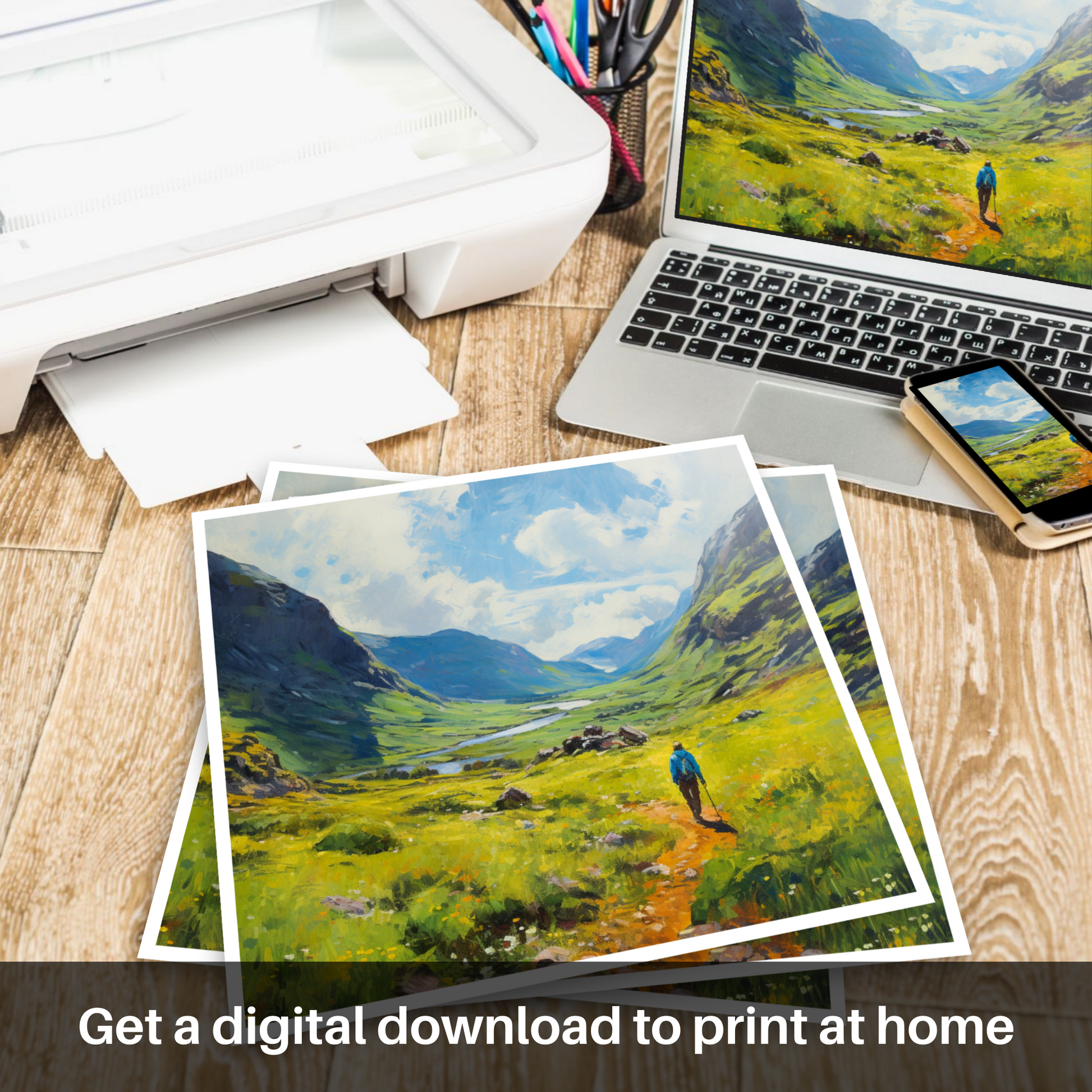 Downloadable and printable picture of Lone hiker in Glencoe during summer