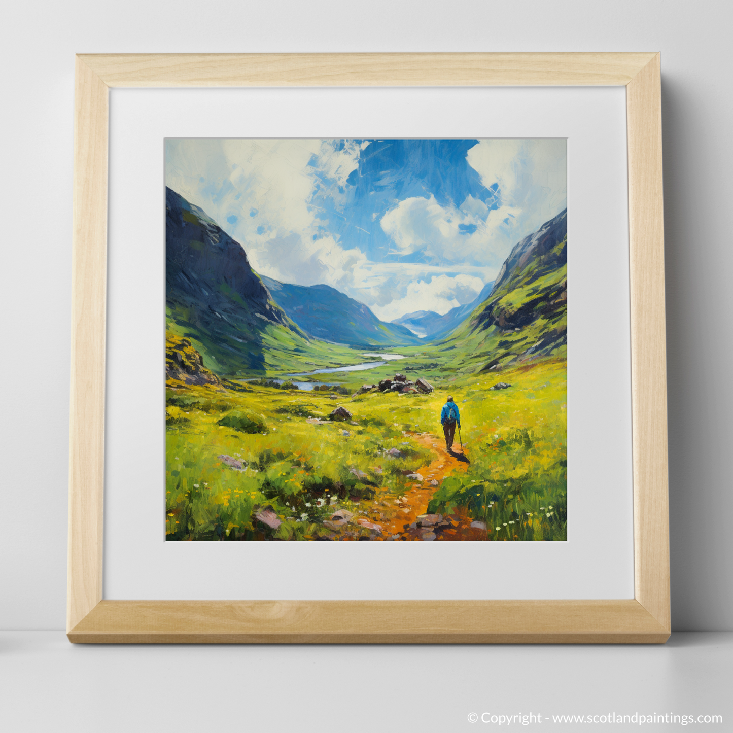 Art Print of Lone hiker in Glencoe during summer with a natural frame