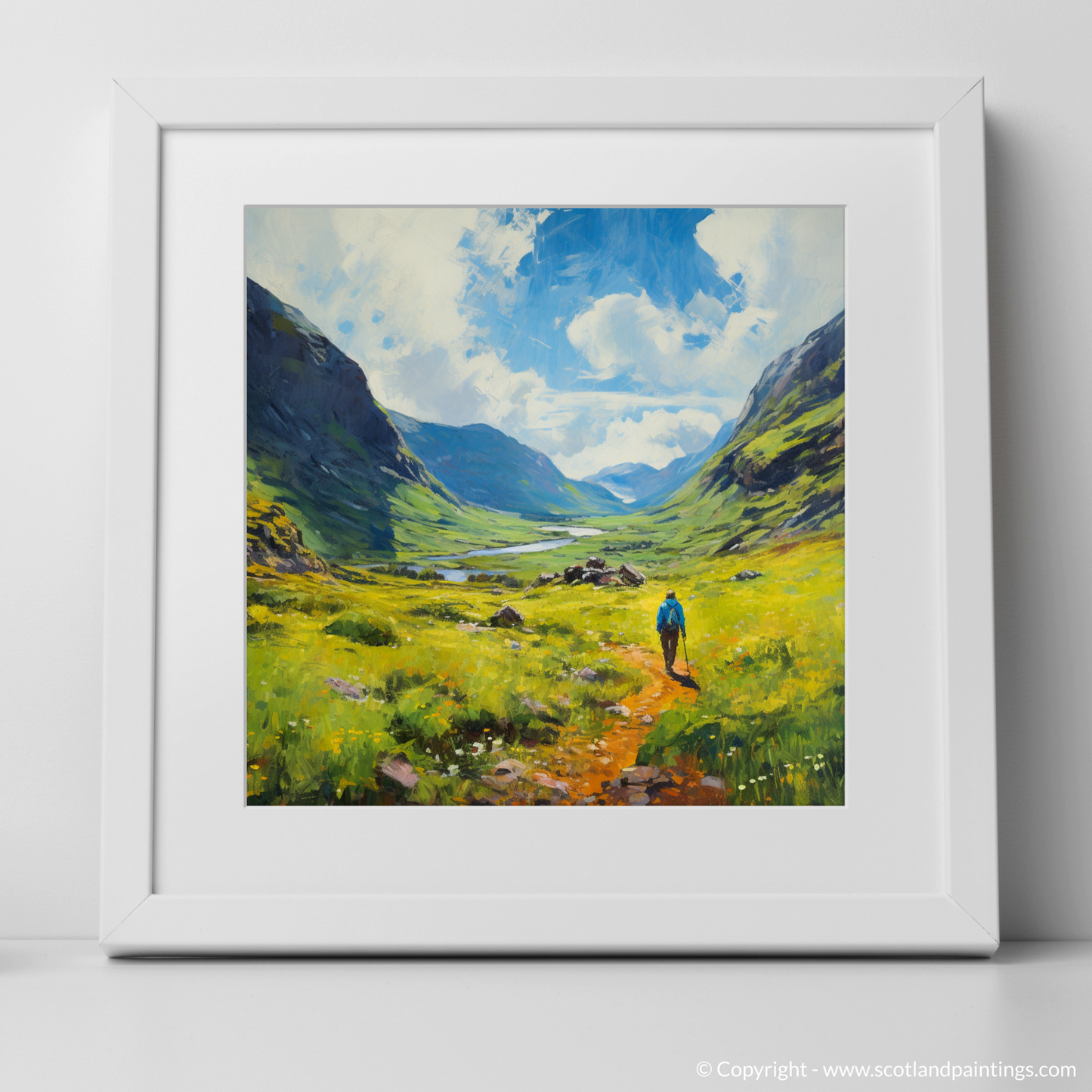 Art Print of Lone hiker in Glencoe during summer with a white frame