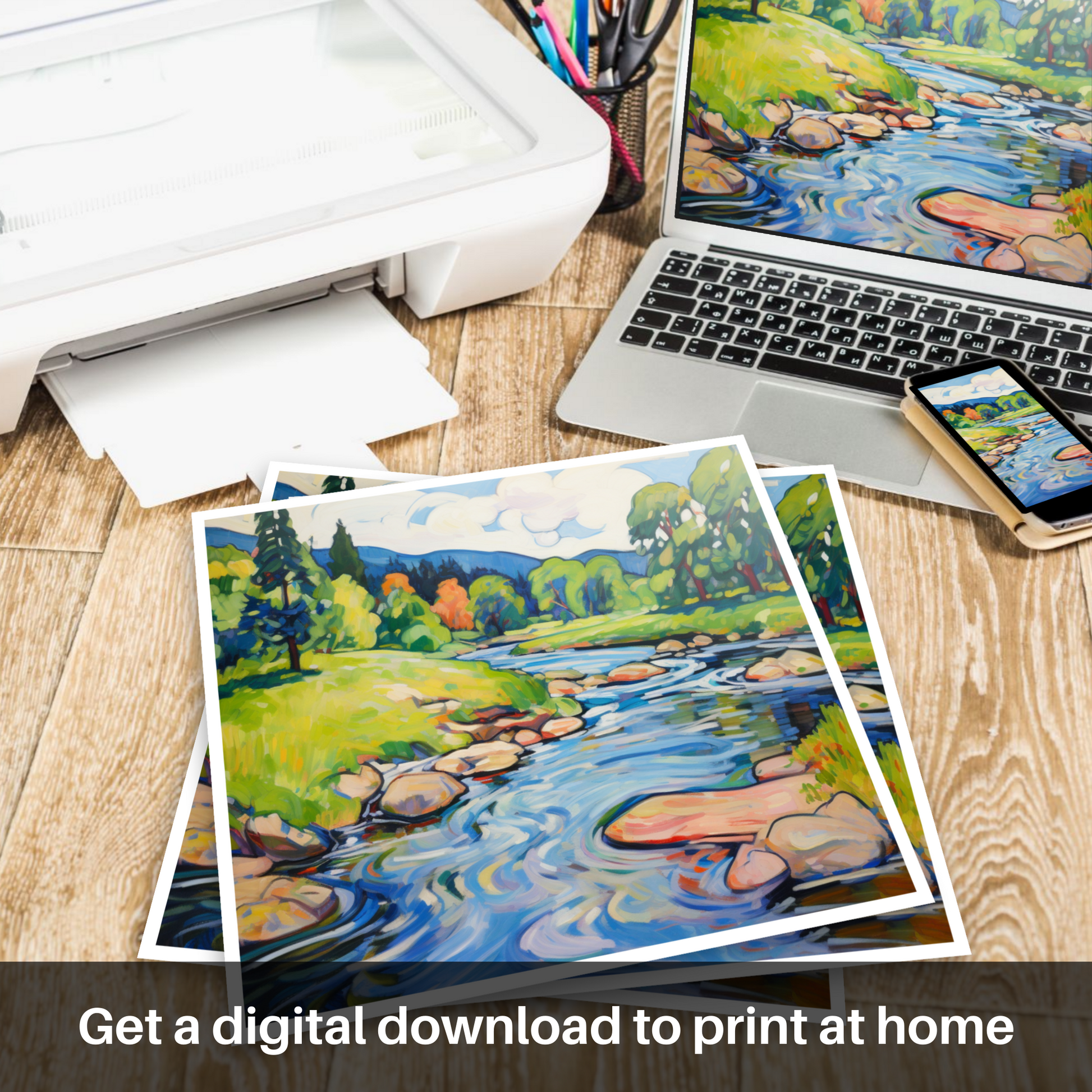 Downloadable and printable picture of River Isla, Perthshire in summer