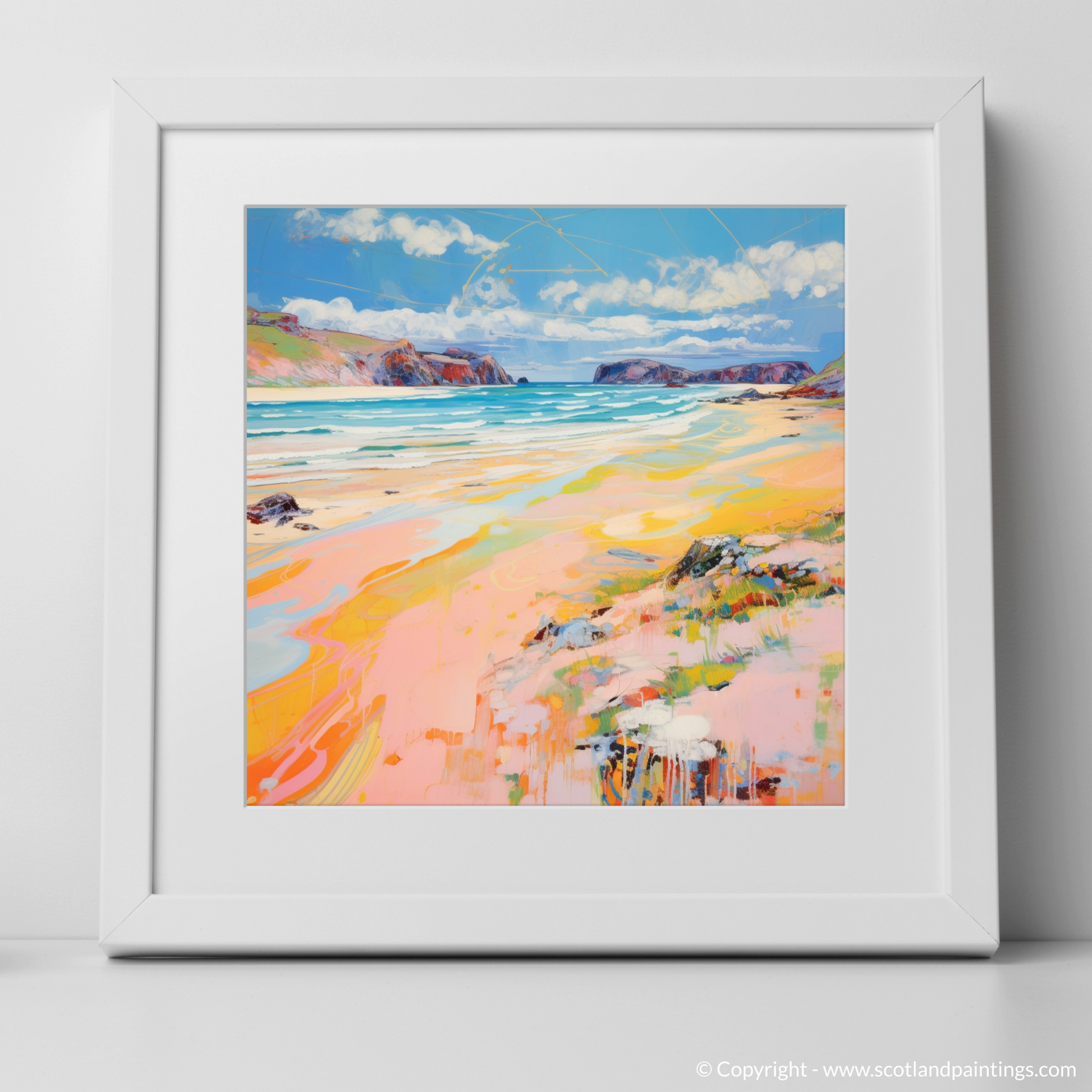 Art Print of Durness Beach, Sutherland in summer with a white frame