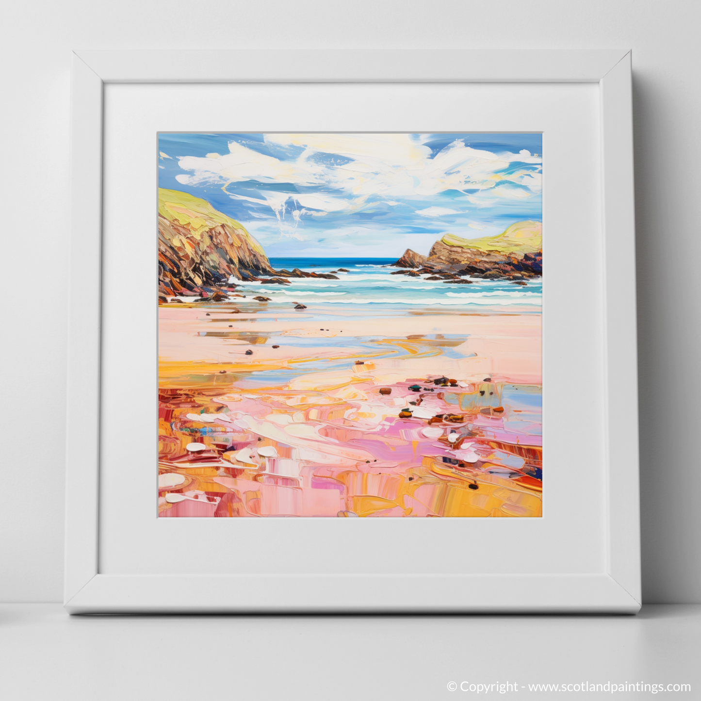 Art Print of Durness Beach, Sutherland in summer with a white frame